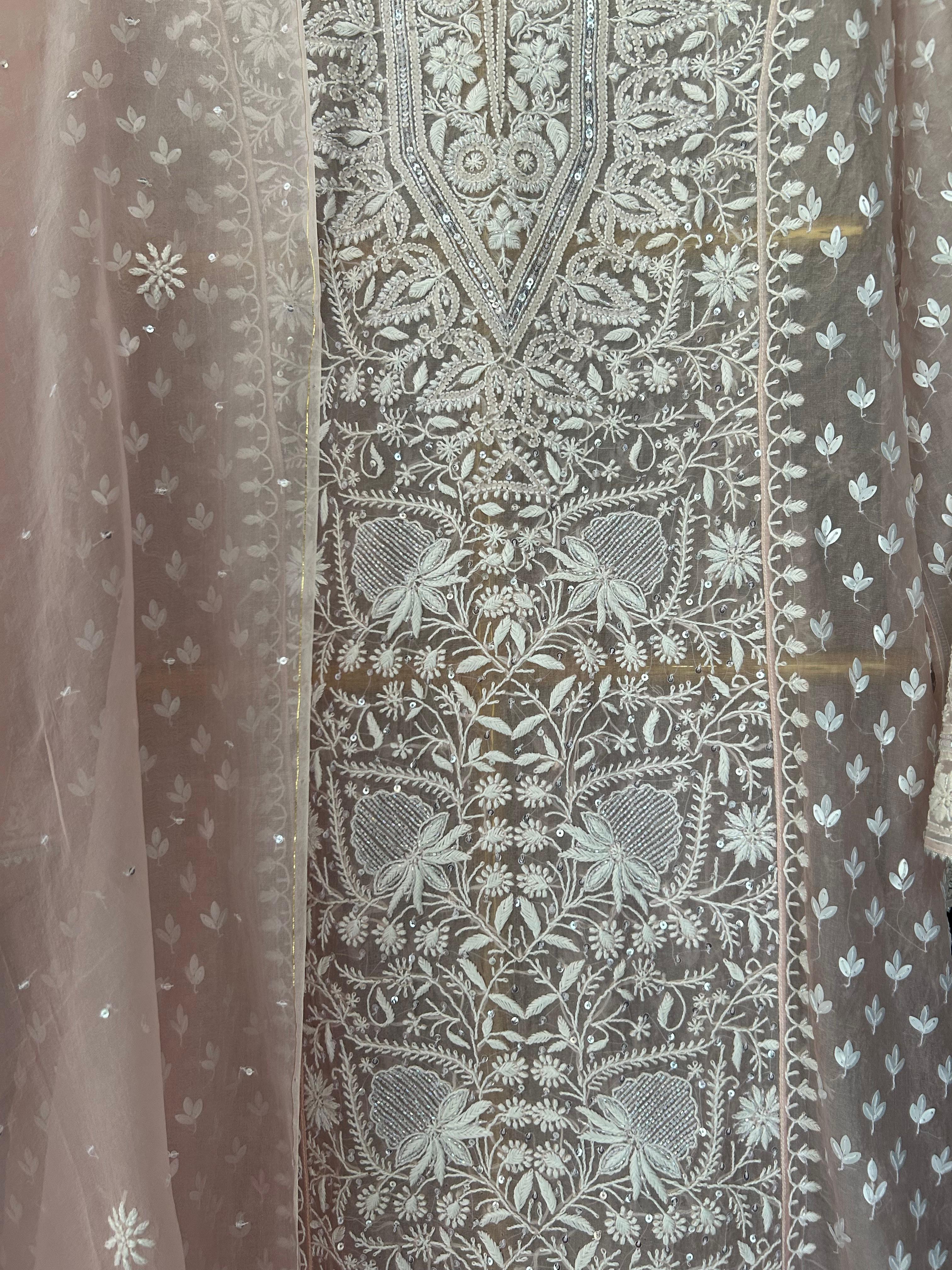 Pink organza chikankari kurta set