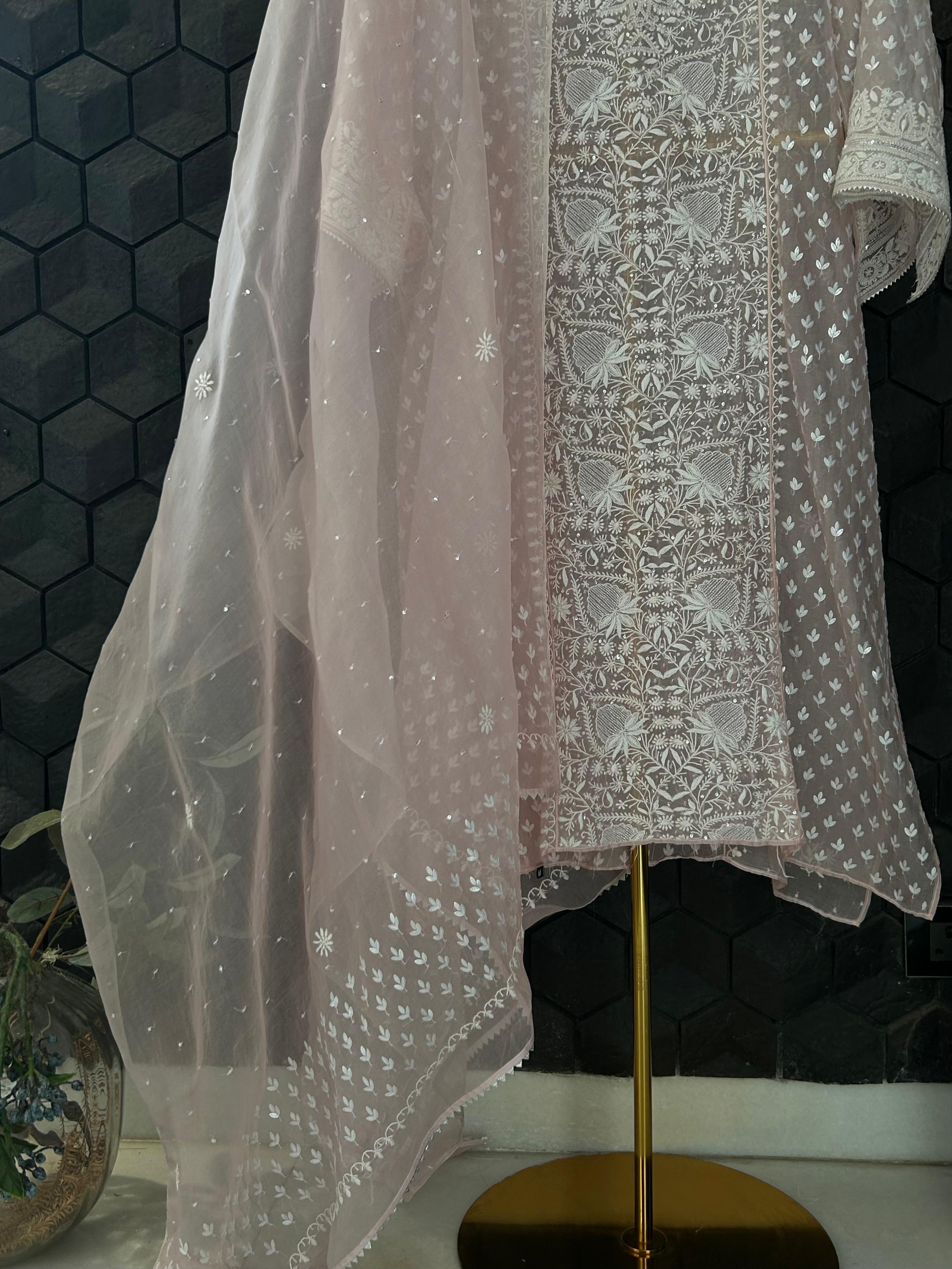 Pink organza chikankari kurta set