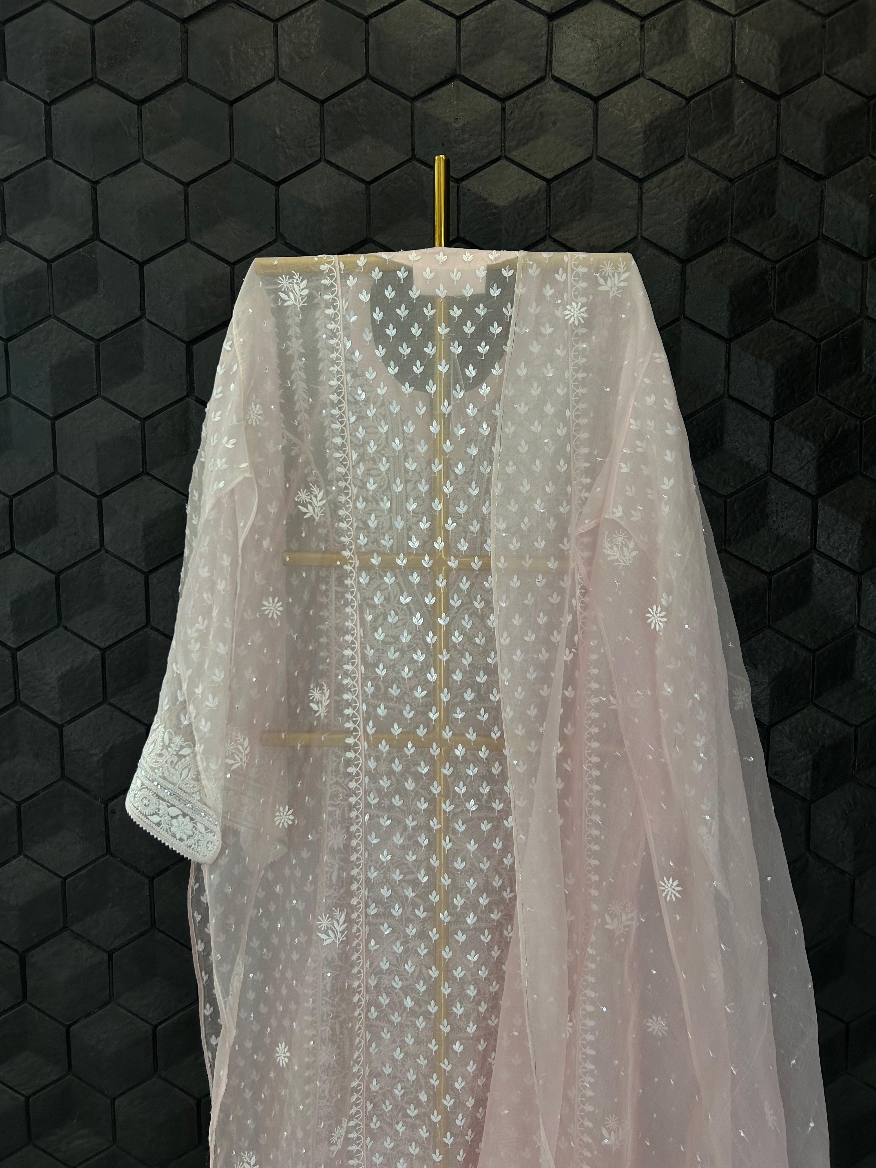 Pink organza chikankari kurta set