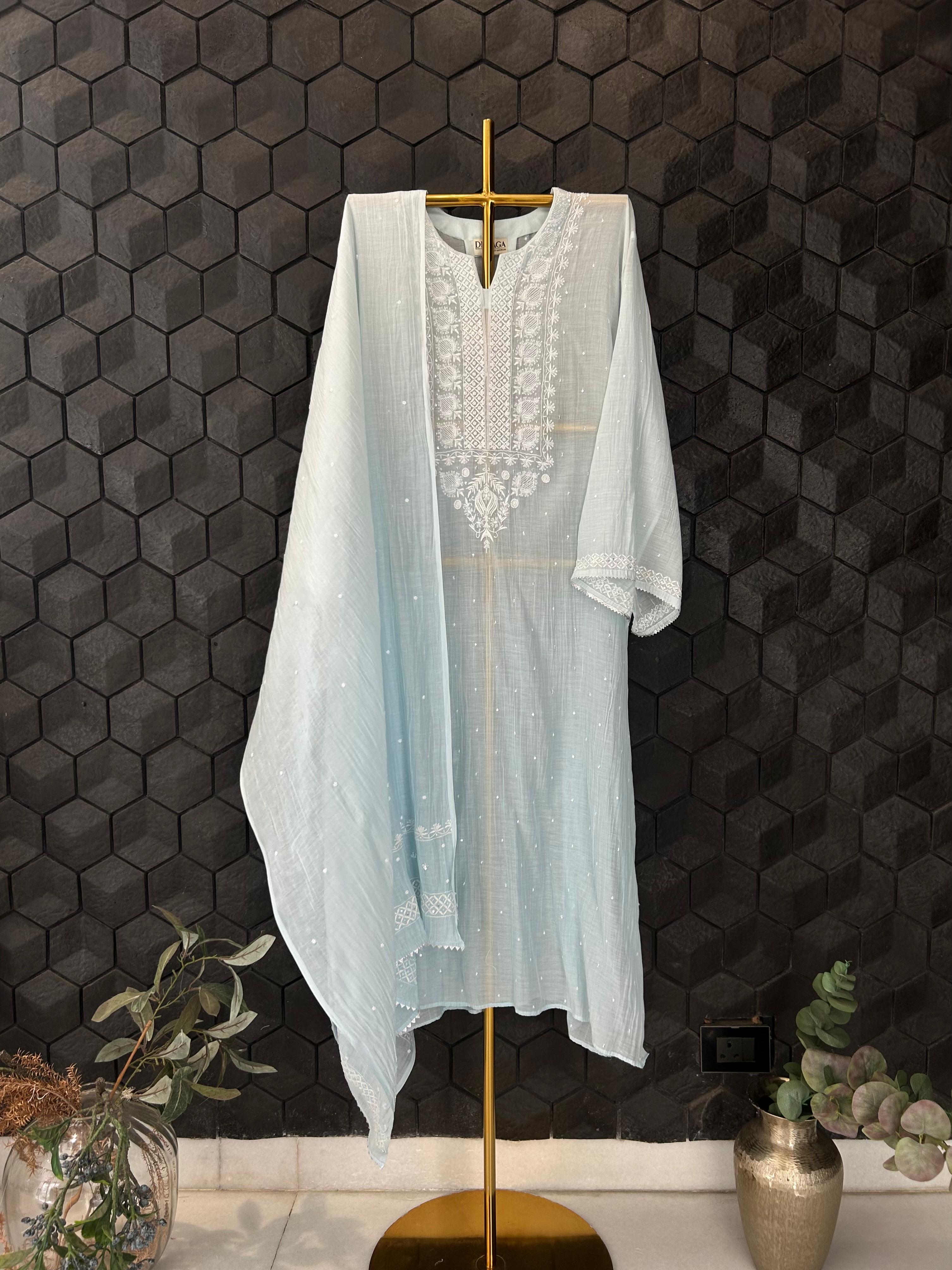 Blue mul chanderi chikanakri kurta set