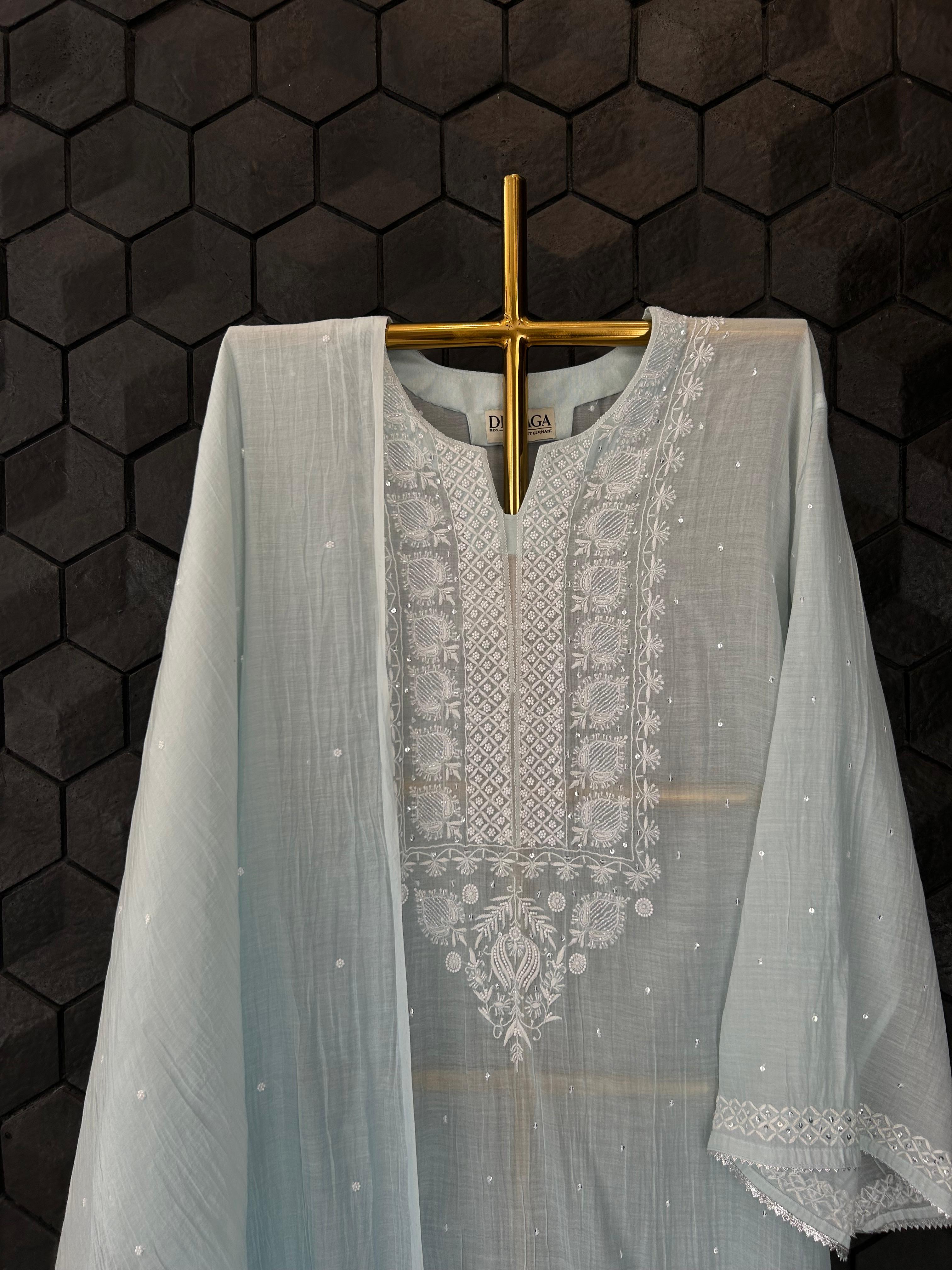 Blue mul chanderi chikanakri kurta set