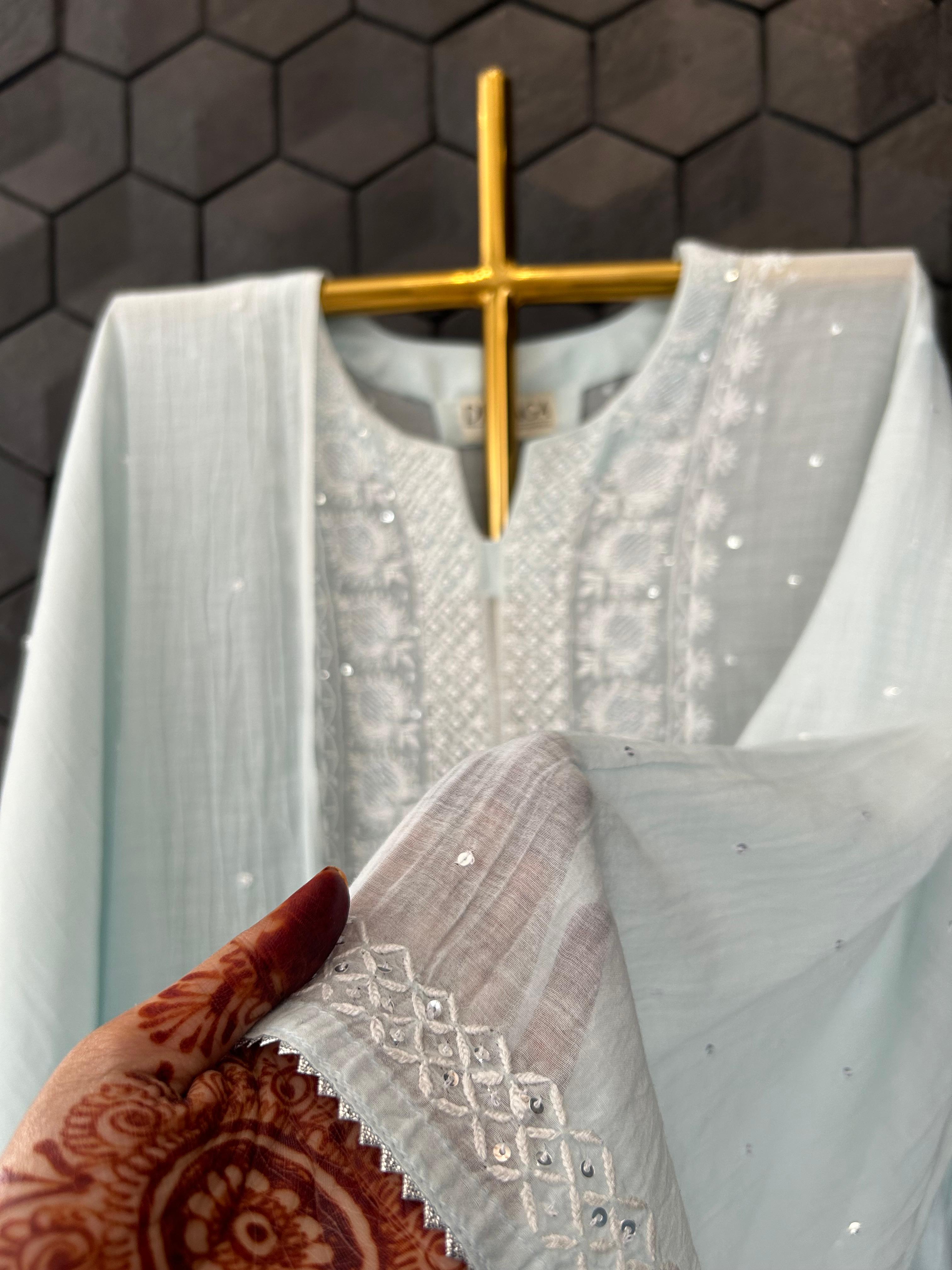 Blue mul chanderi chikanakri kurta set