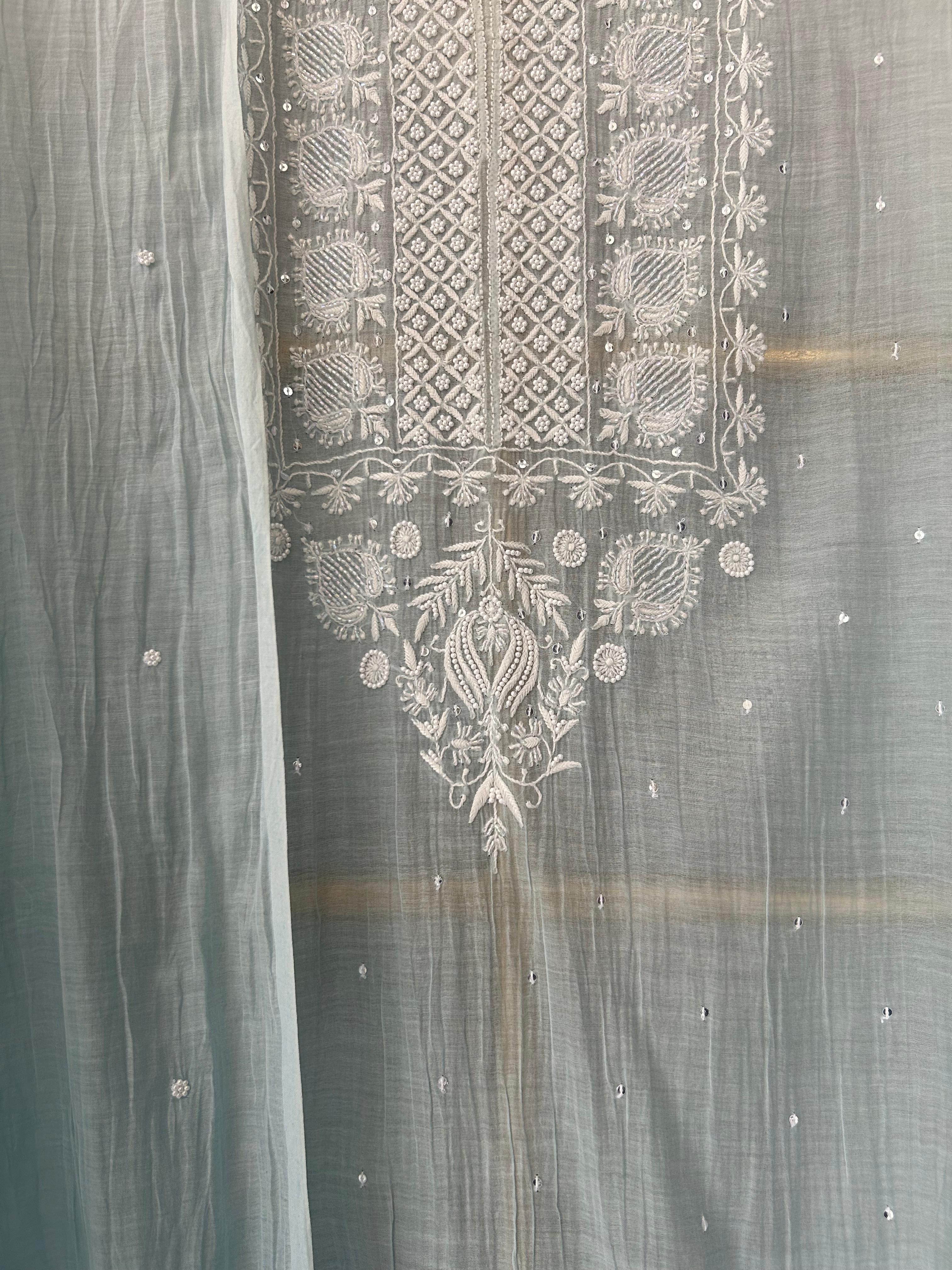 Blue mul chanderi chikanakri kurta set