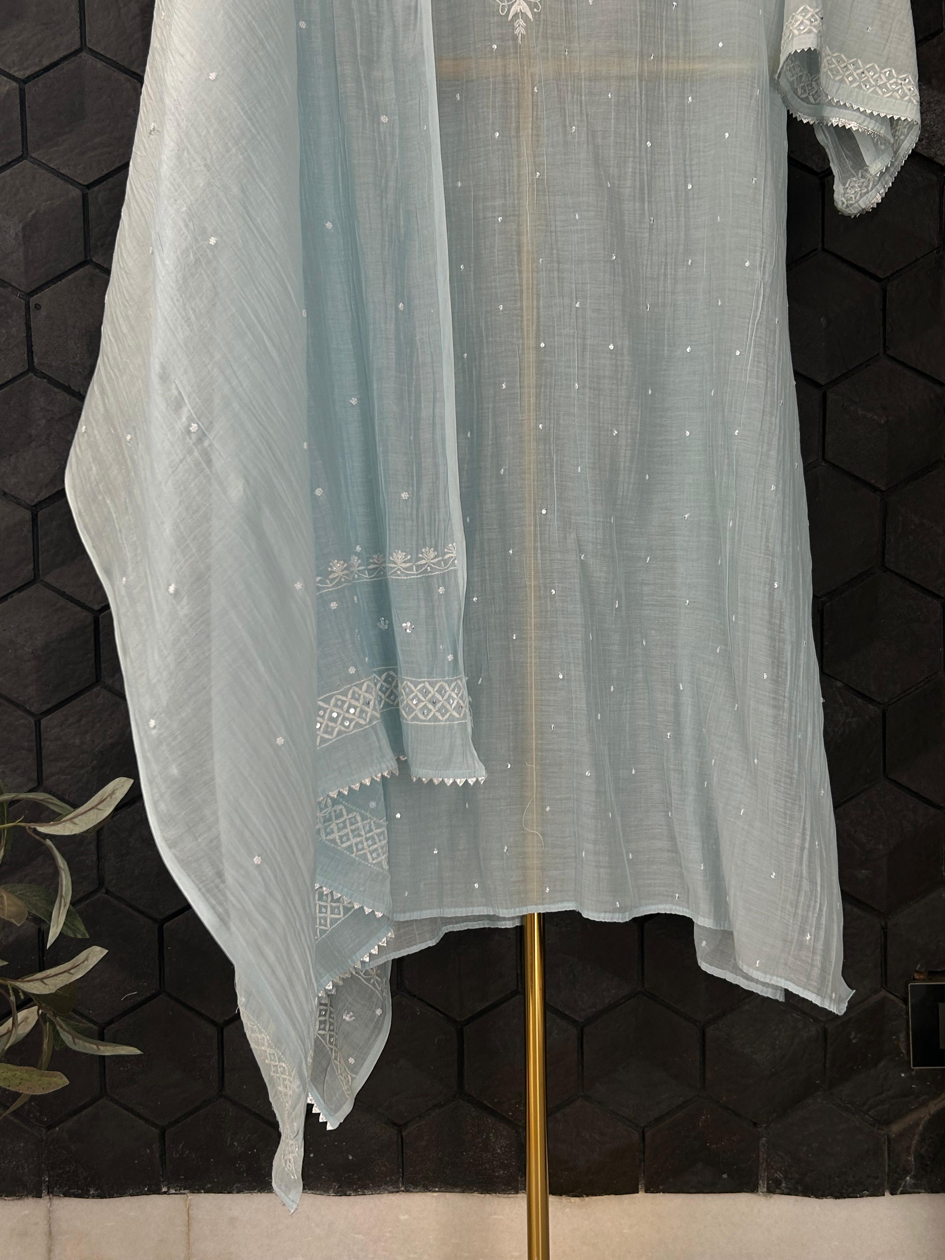 Blue mul chanderi chikanakri kurta set