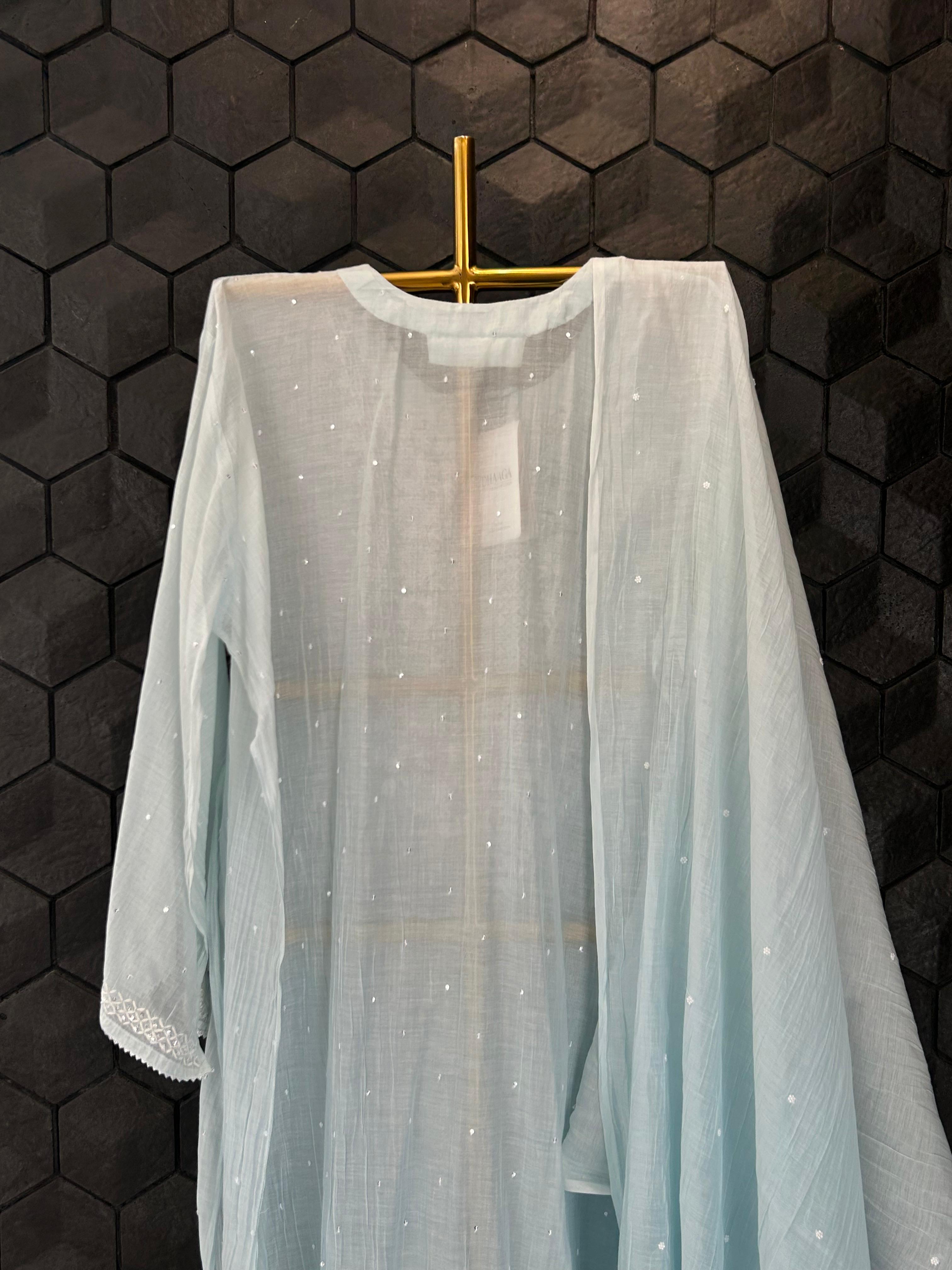 Blue mul chanderi chikanakri kurta set