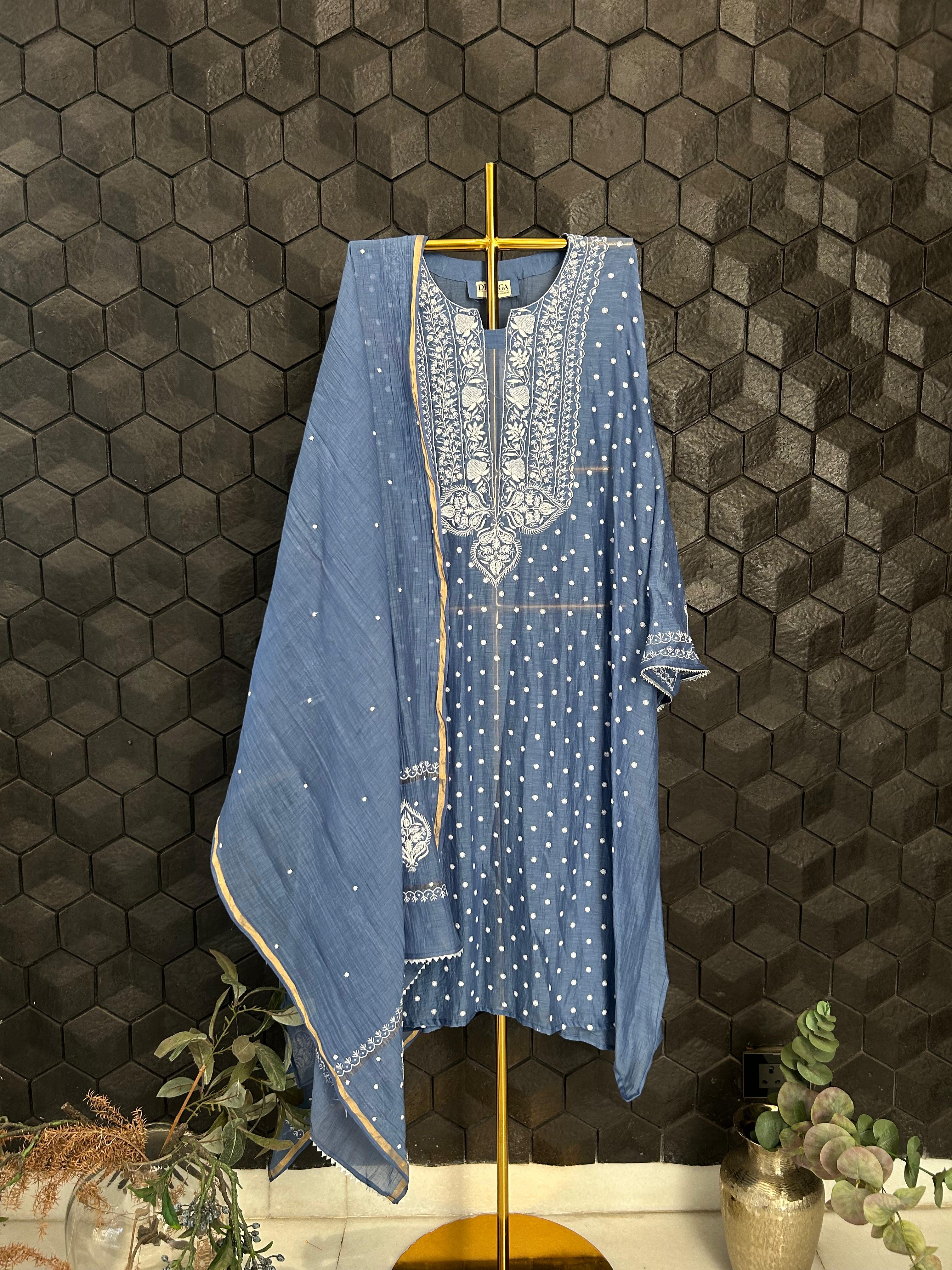 Cobalt blue mul chanderi chikankari kurta set