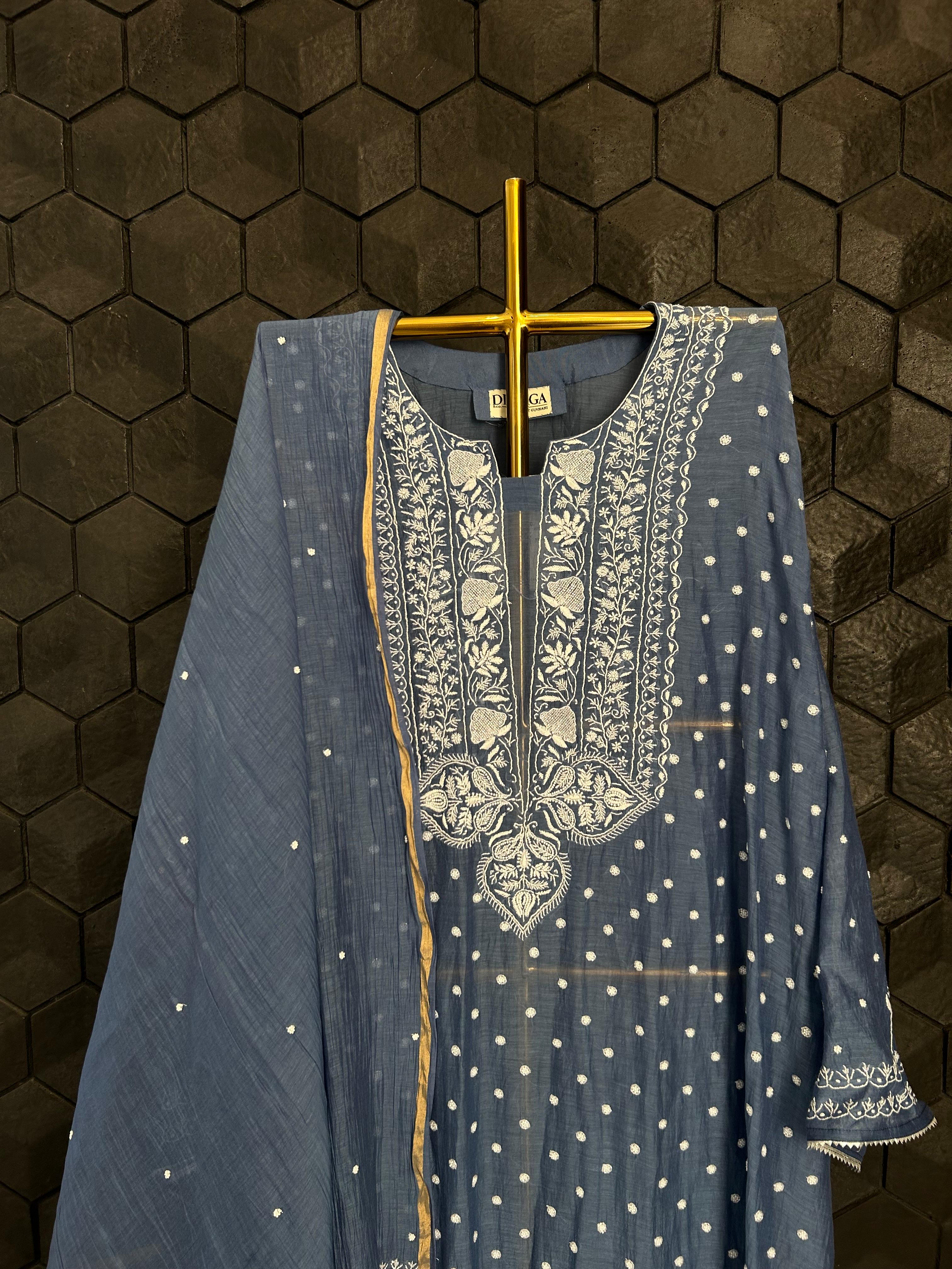 Cobalt blue mul chanderi chikankari kurta set