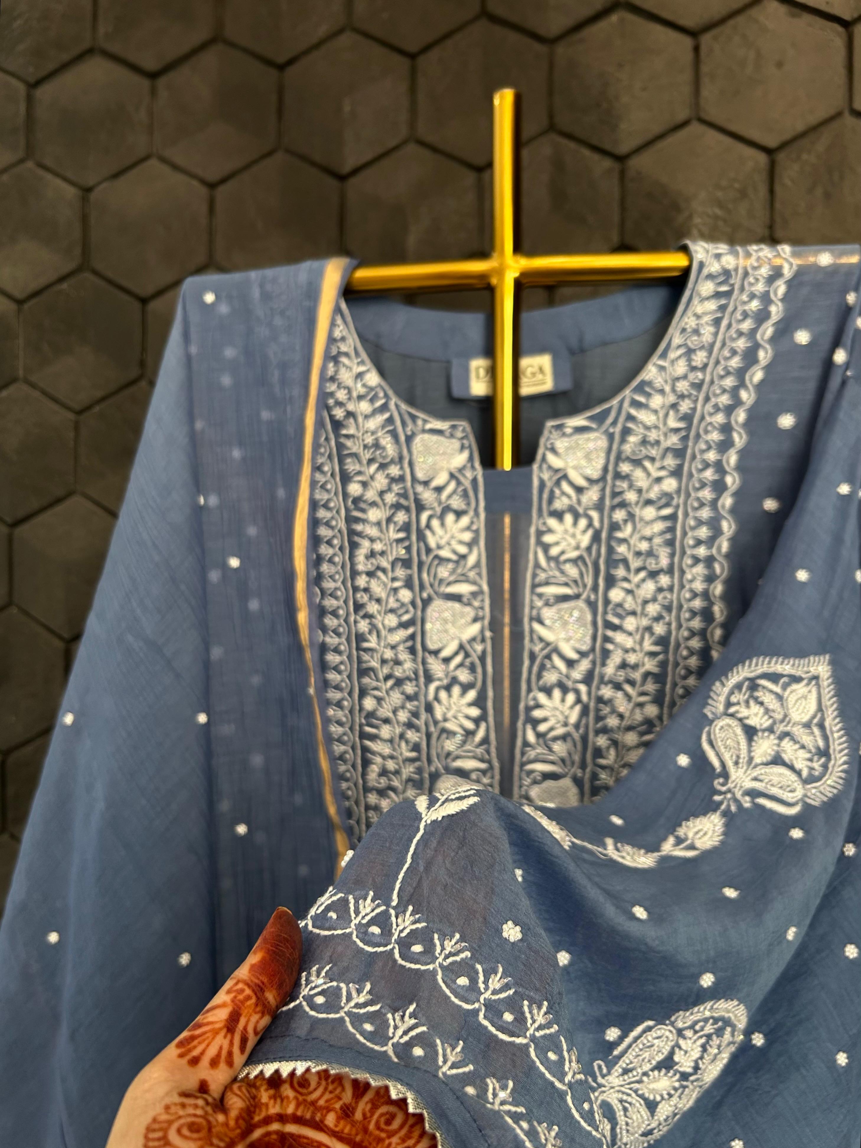 Cobalt blue mul chanderi chikankari kurta set