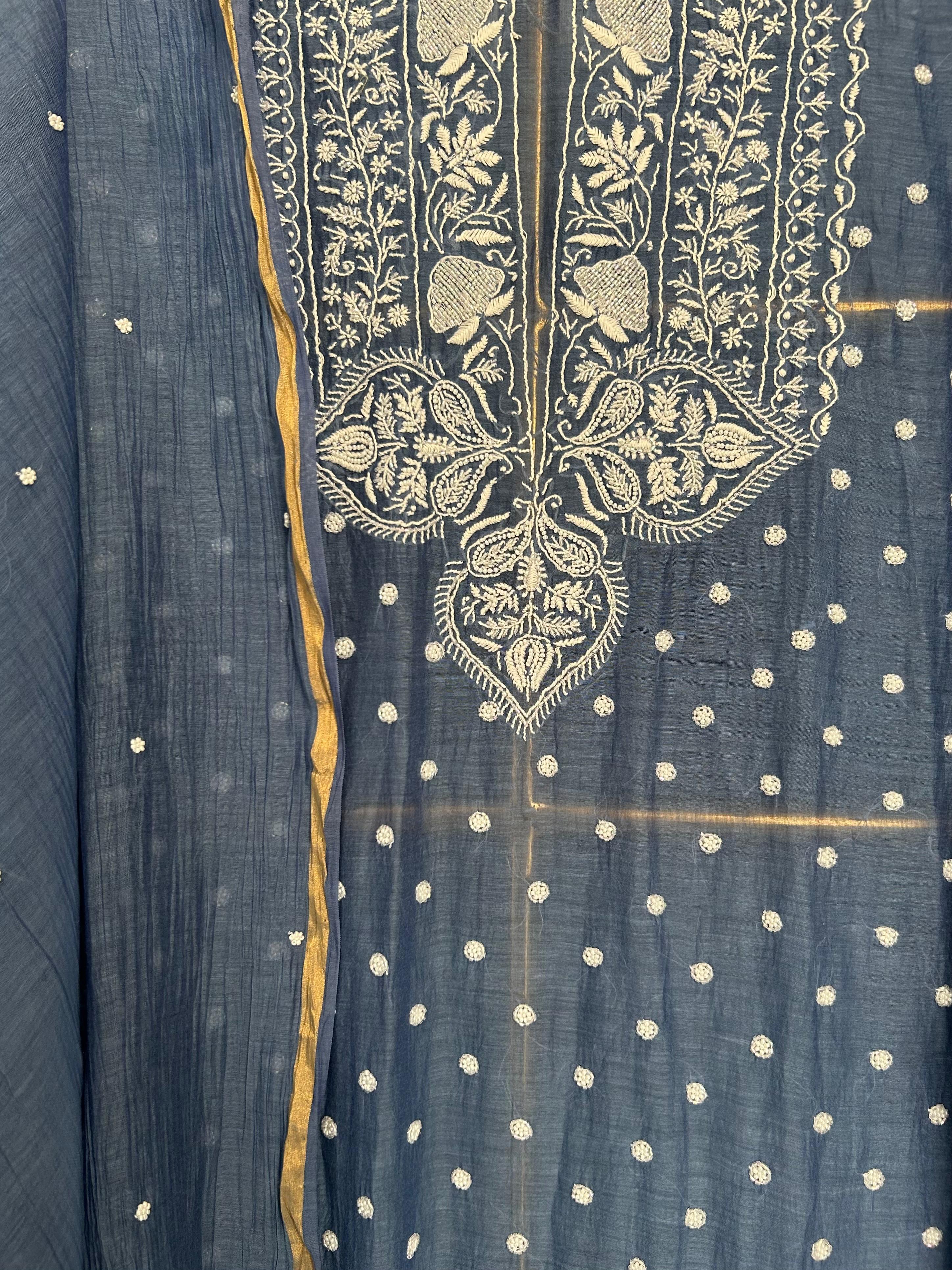 Cobalt blue mul chanderi chikankari kurta set