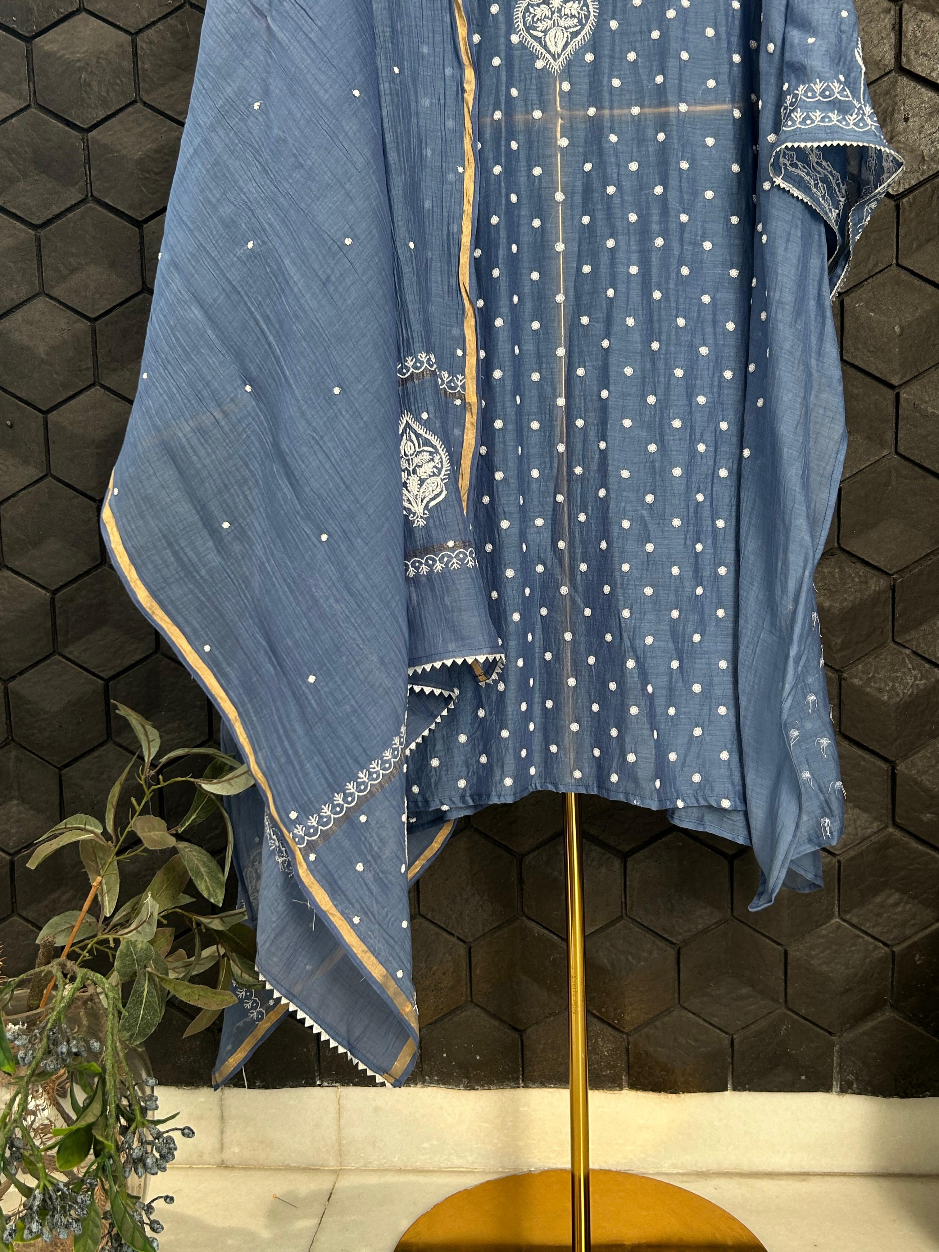 Cobalt blue mul chanderi chikankari kurta set