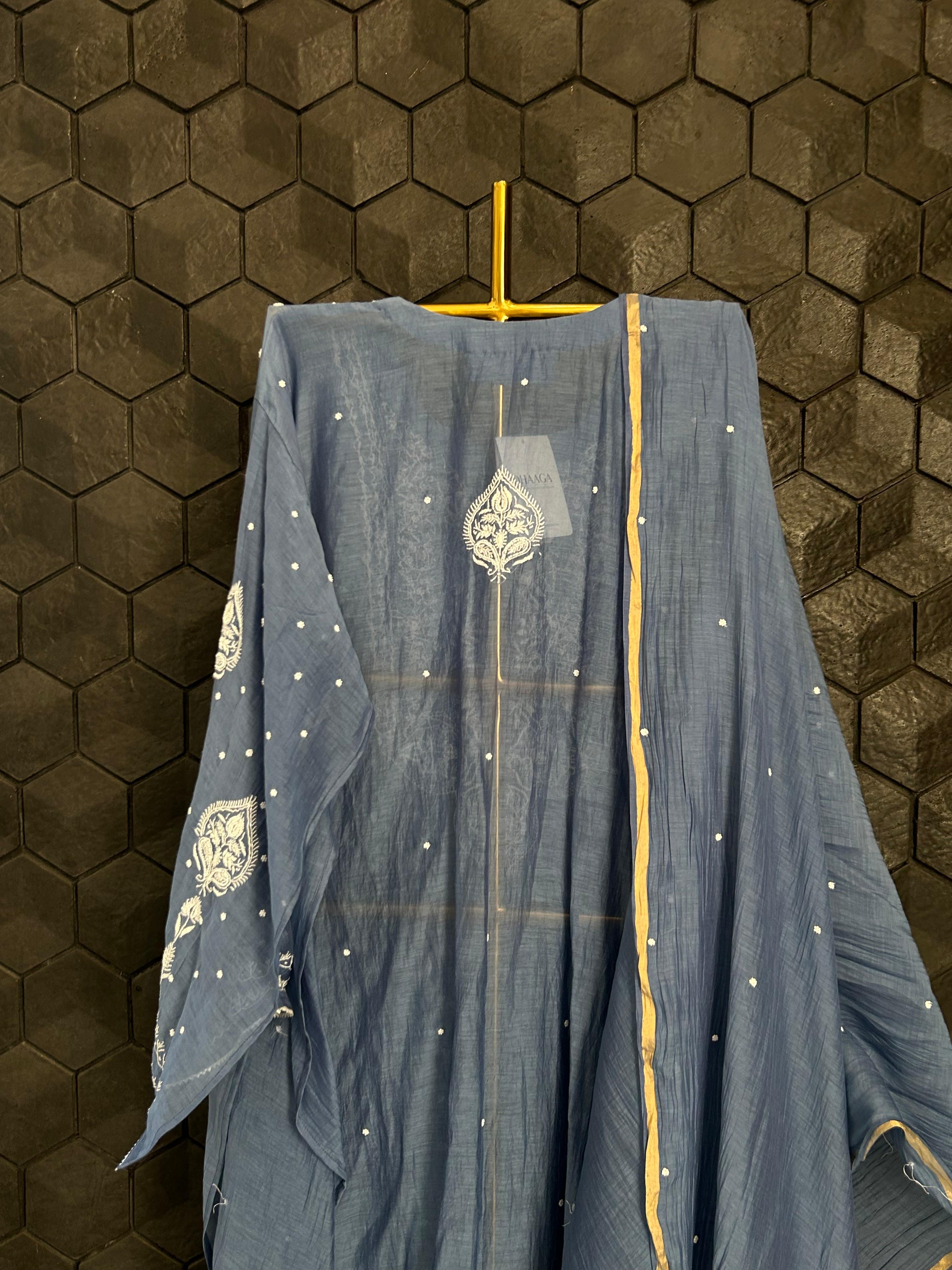 Cobalt blue mul chanderi chikankari kurta set