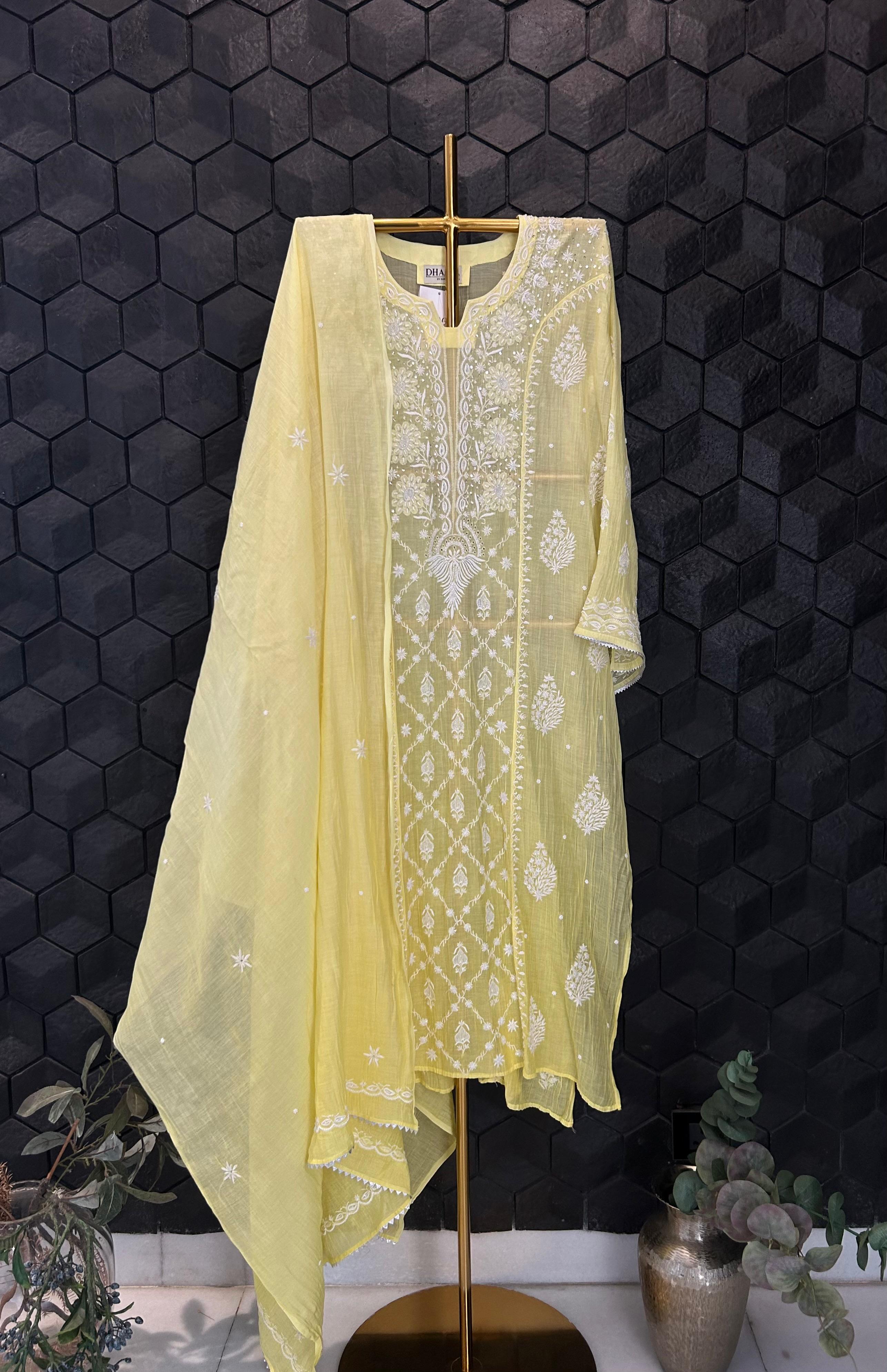 yellow mul chanderi chikankari kurta set