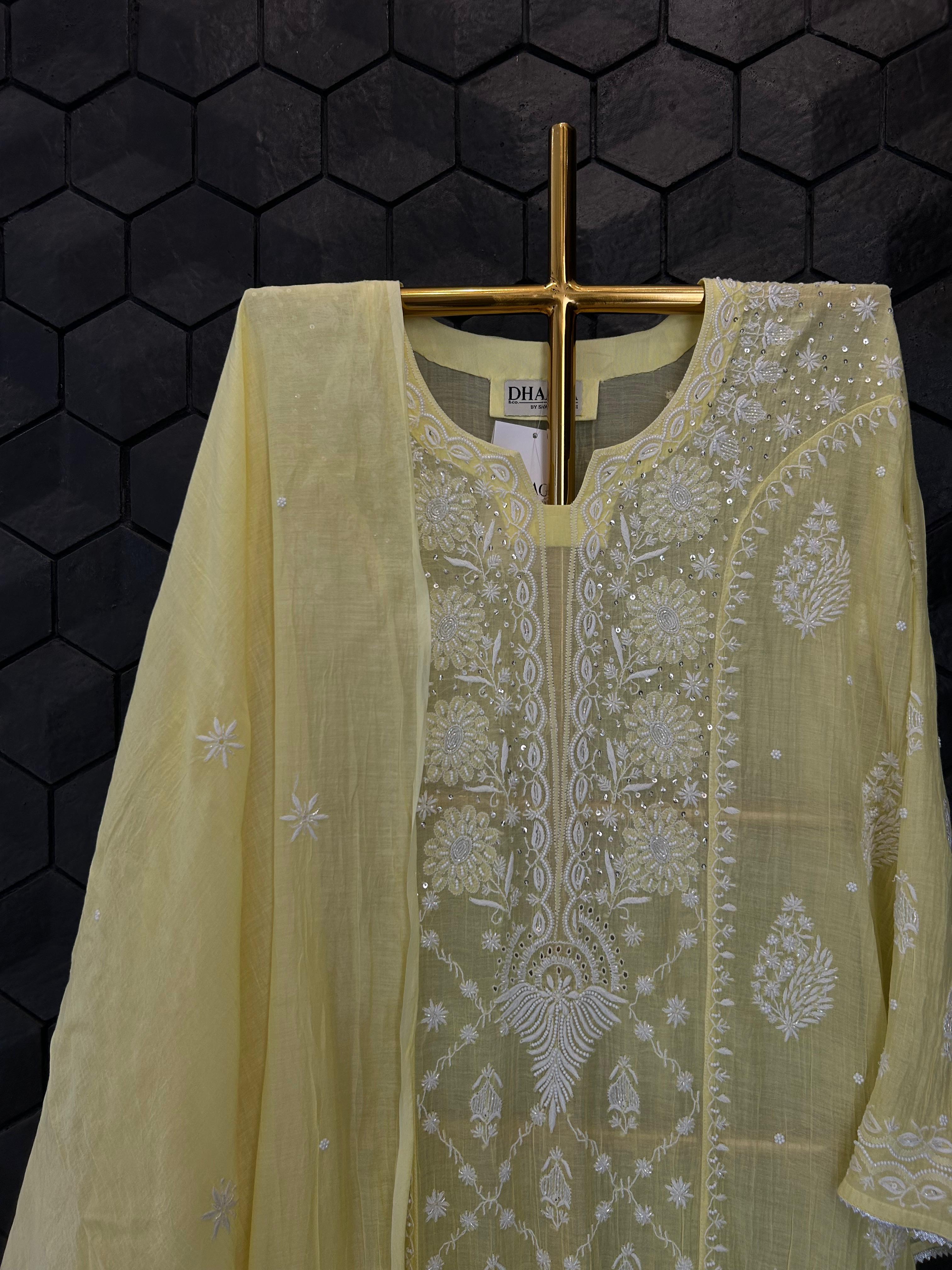 yellow mul chanderi chikankari kurta set