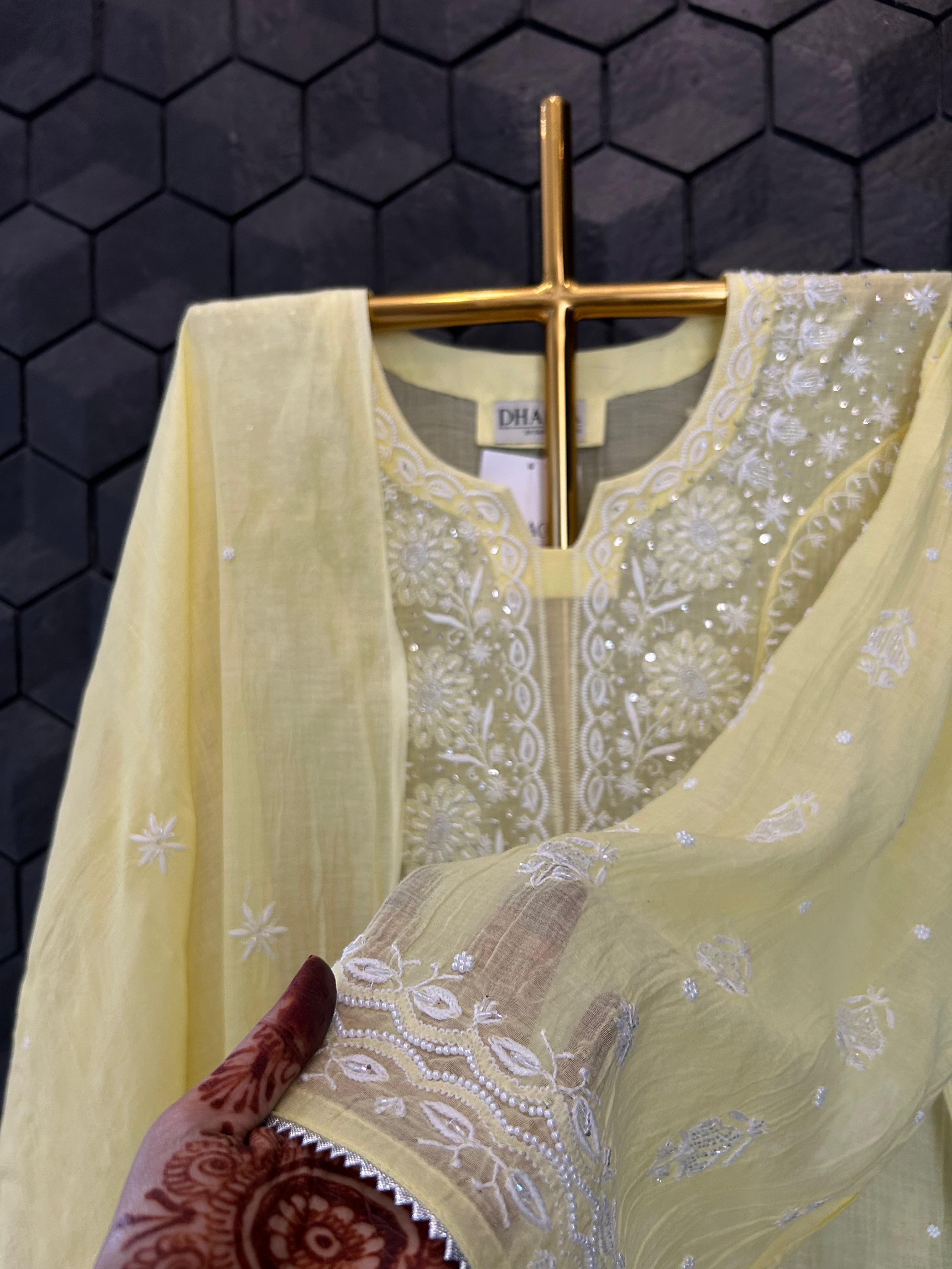 yellow mul chanderi chikankari kurta set