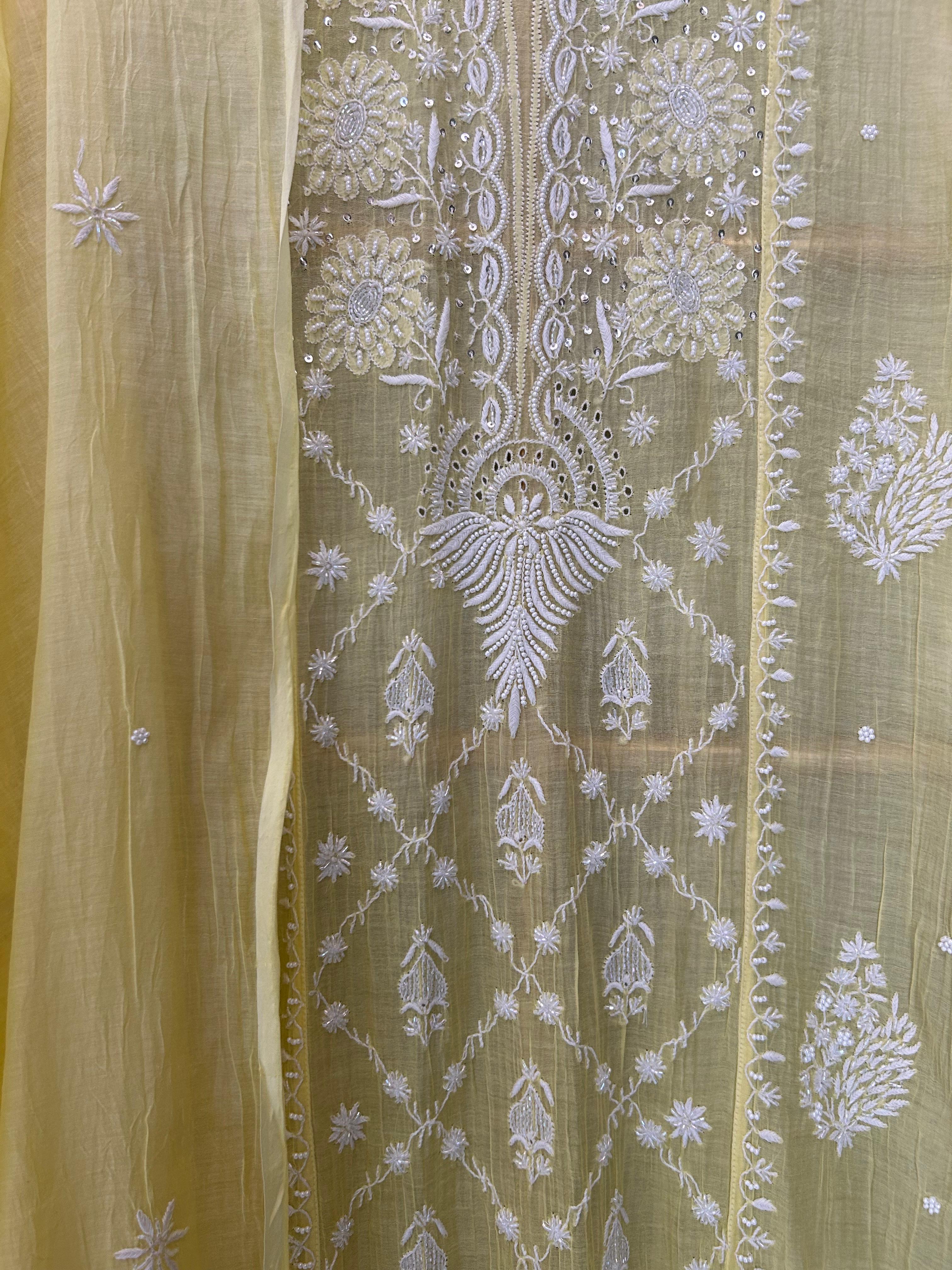 yellow mul chanderi chikankari kurta set