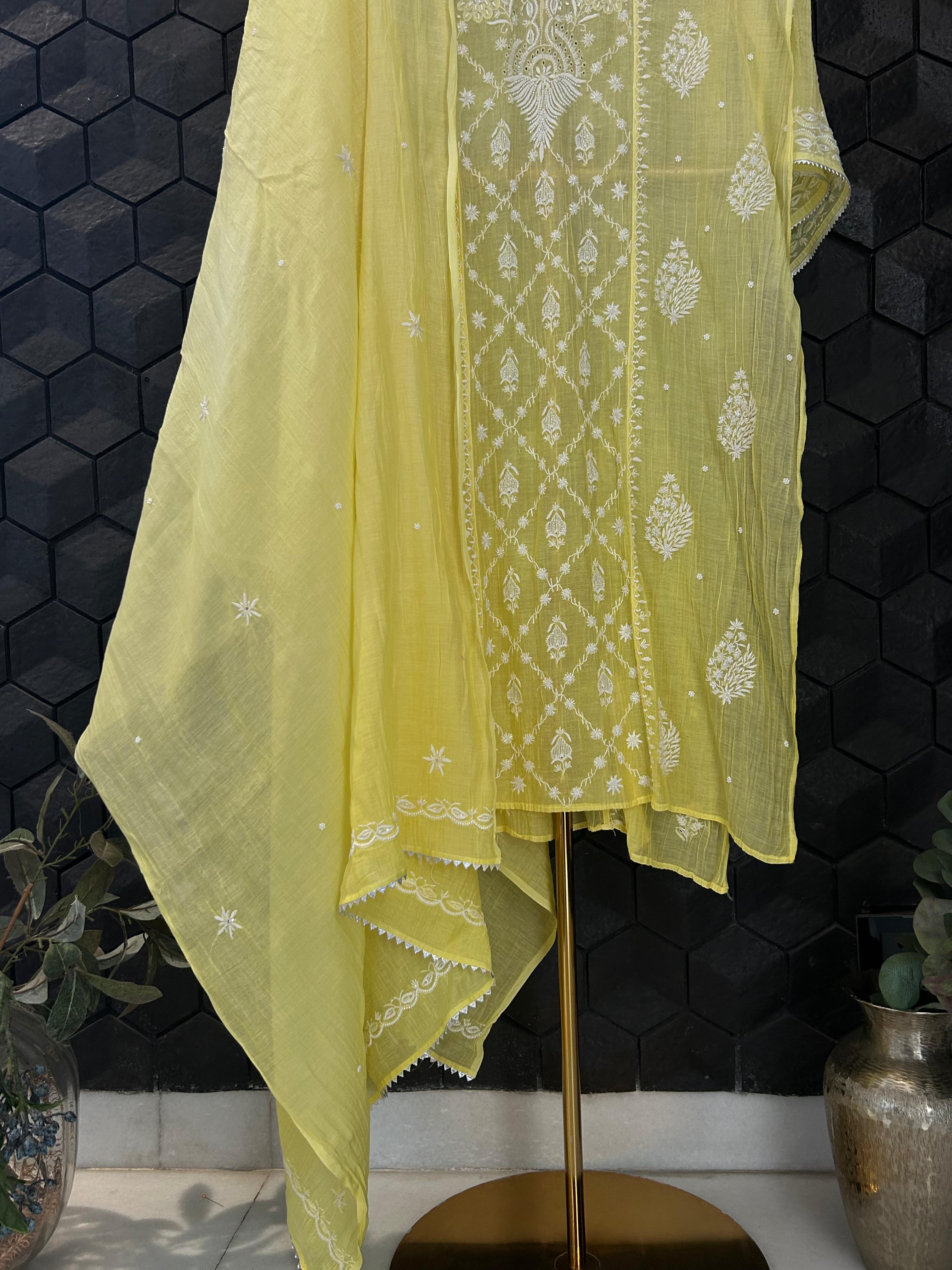 yellow mul chanderi chikankari kurta set