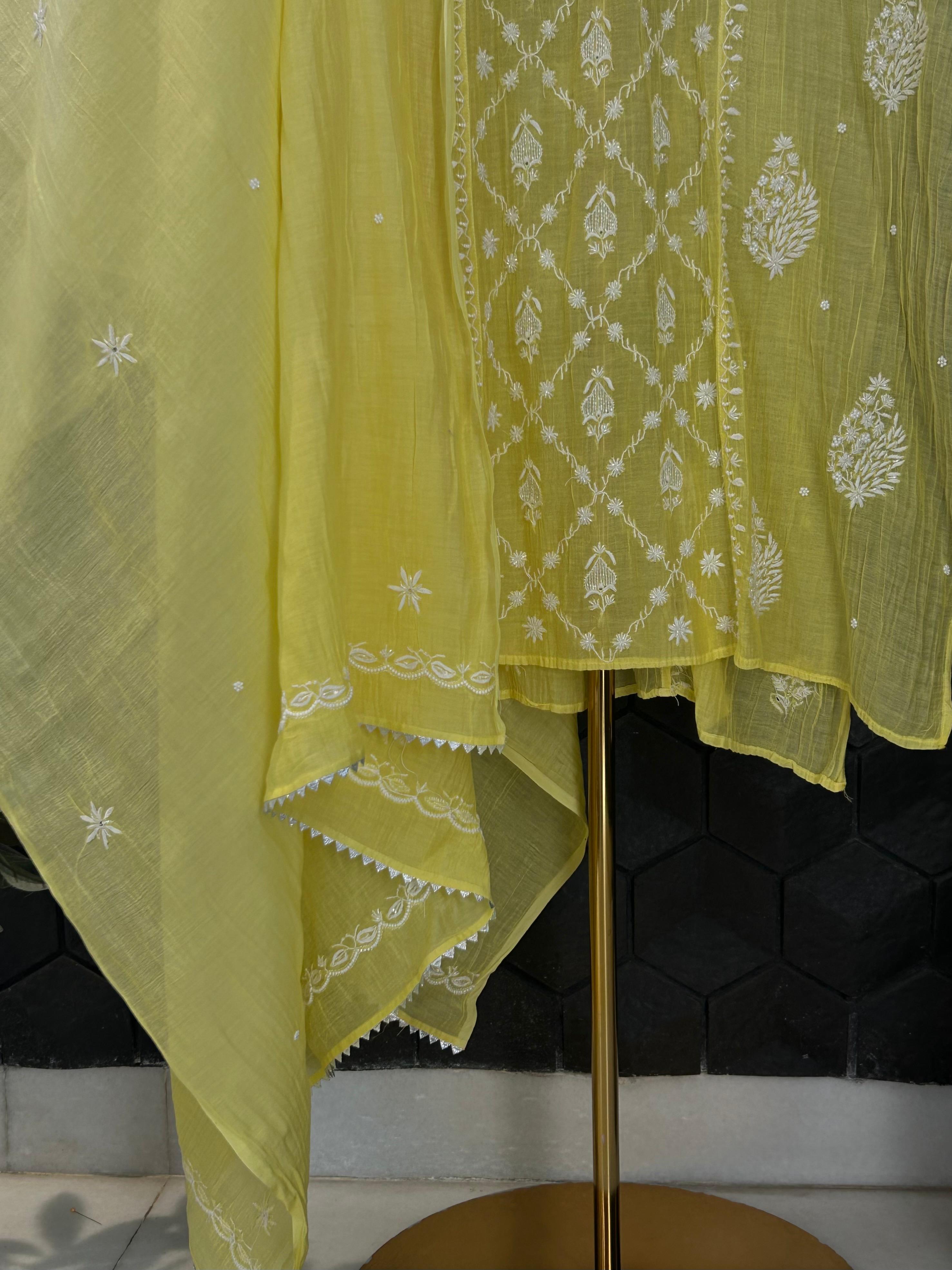 yellow mul chanderi chikankari kurta set