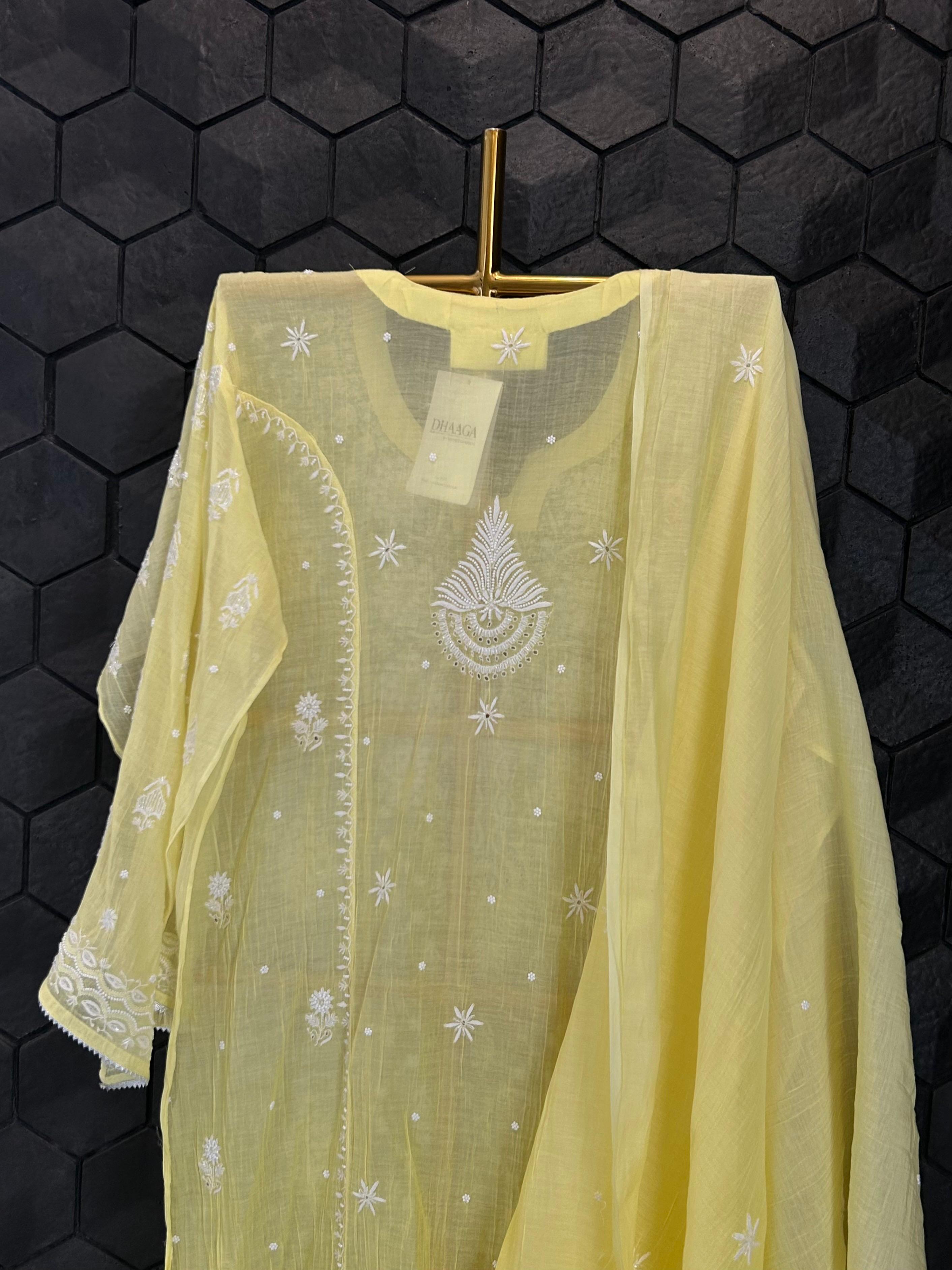yellow mul chanderi chikankari kurta set
