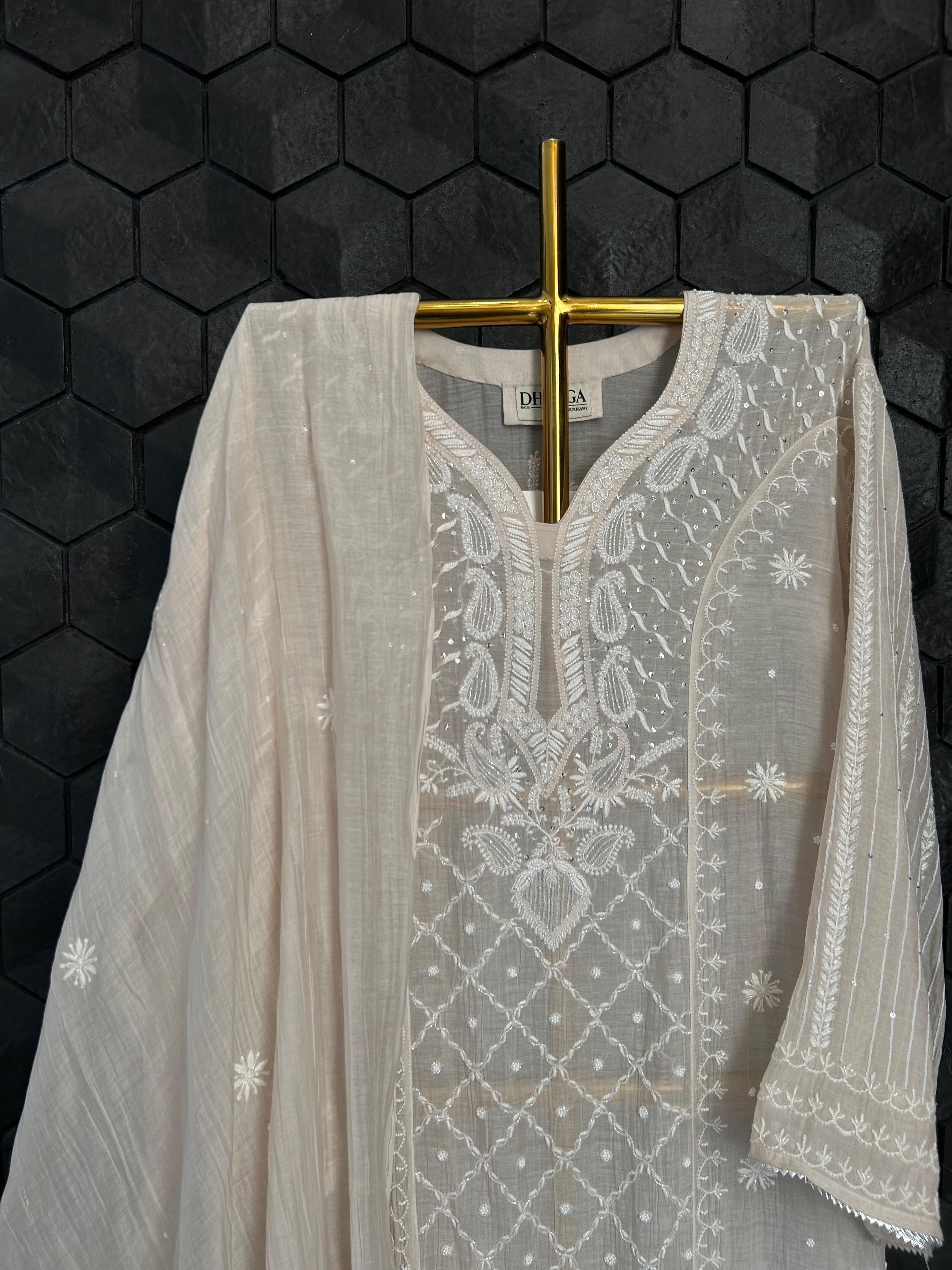 Brown mul chanderi chikankari kurta set