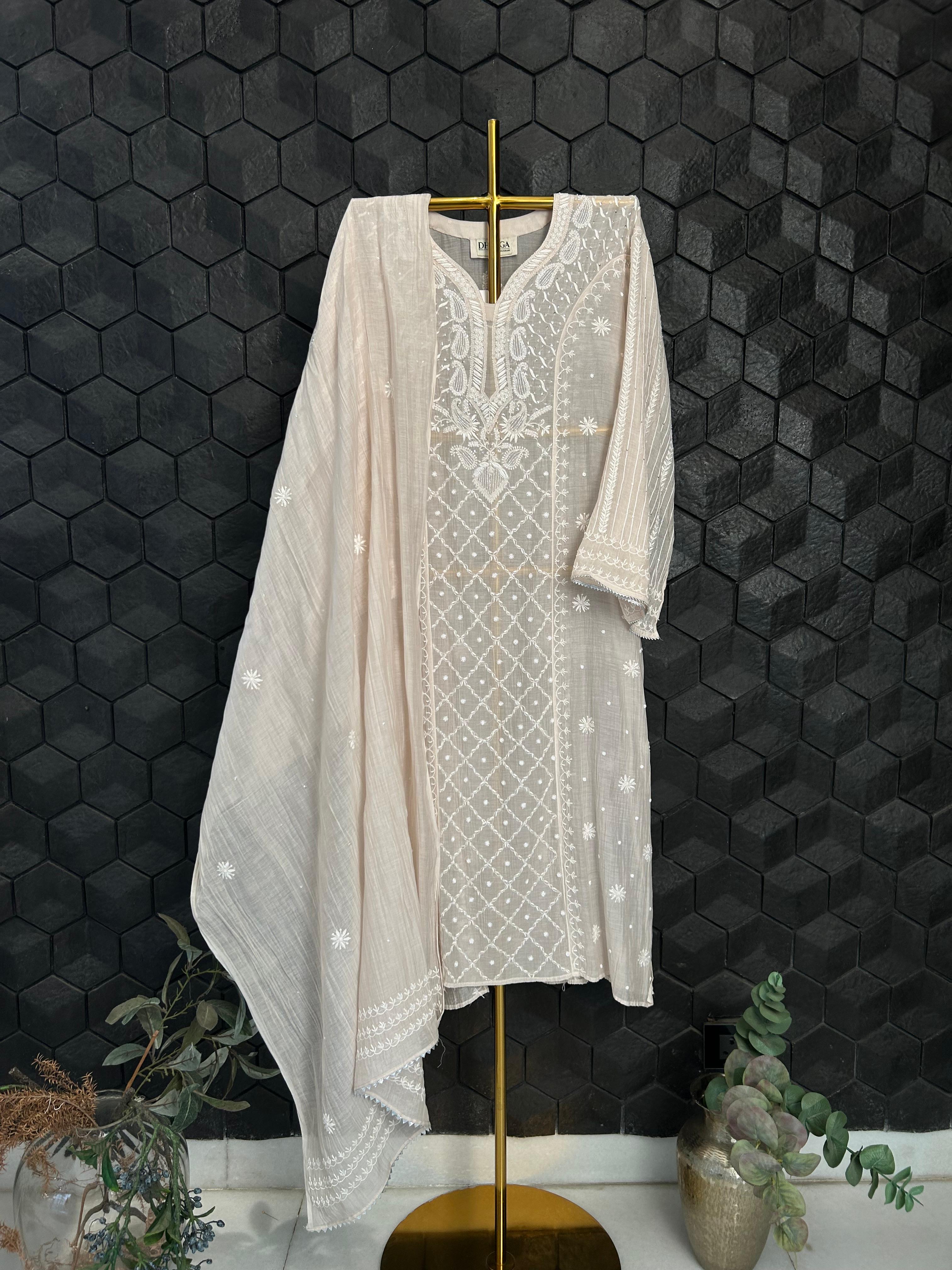 Brown mul chanderi chikankari kurta set