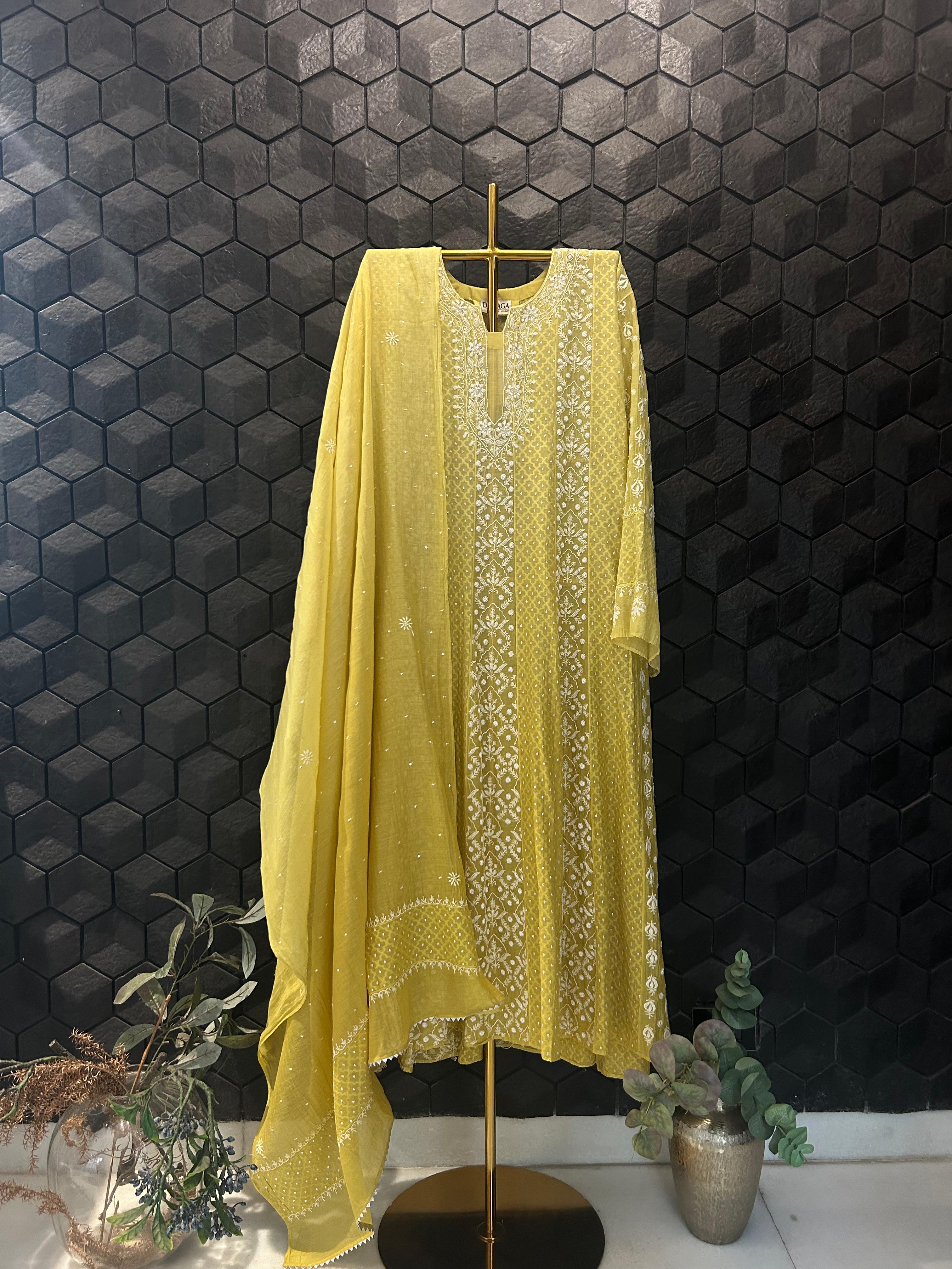 Lime green mul chanderi chikankari anarkali set