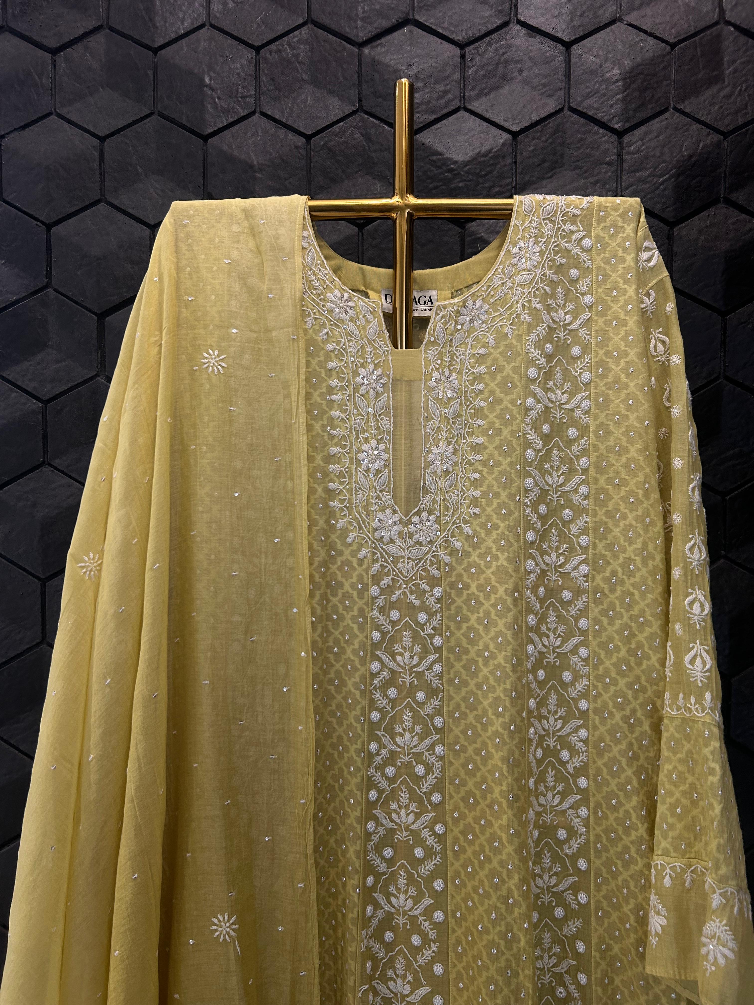 Lime green mul chanderi chikankari anarkali set