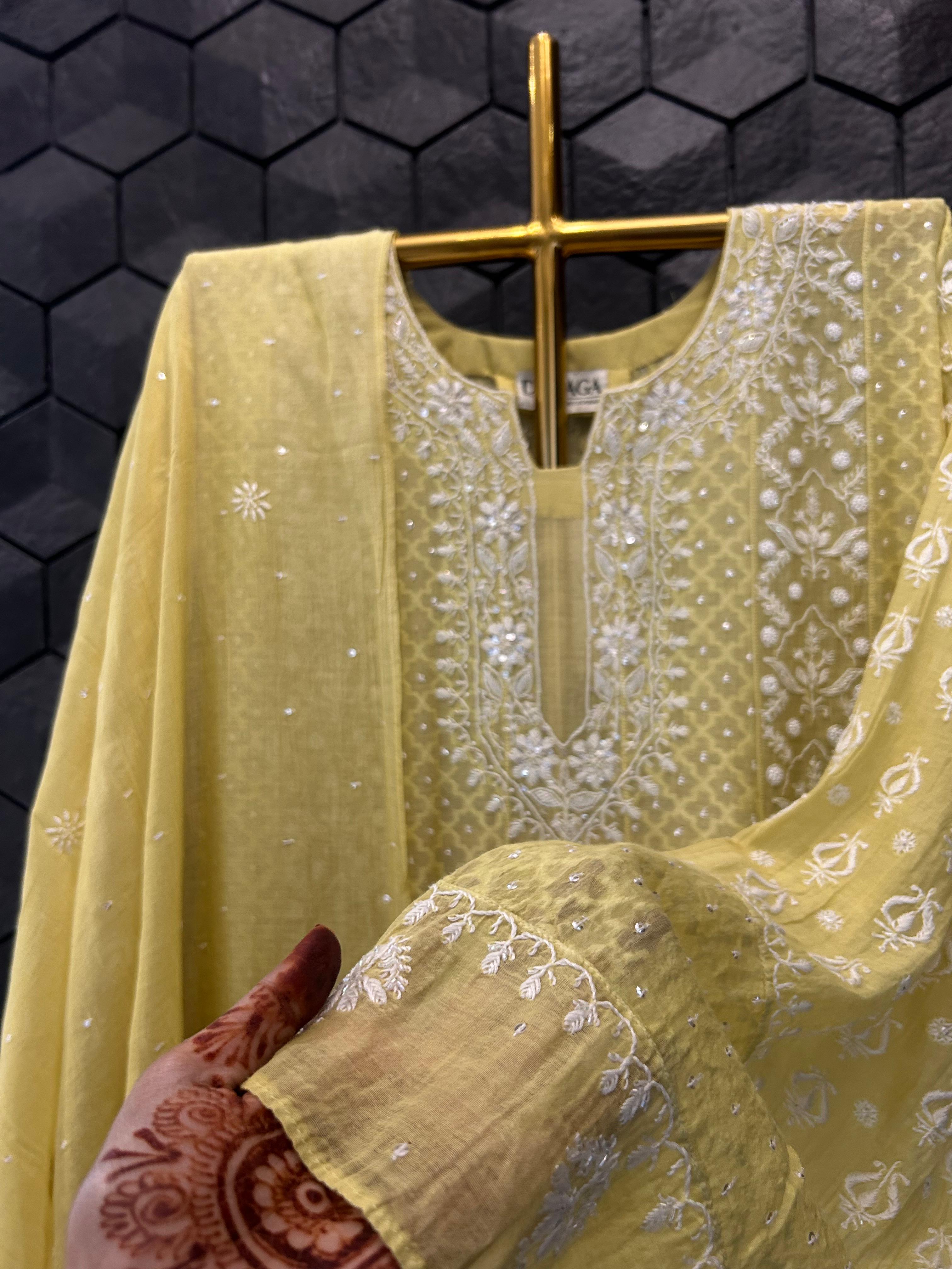 Lime green mul chanderi chikankari anarkali set