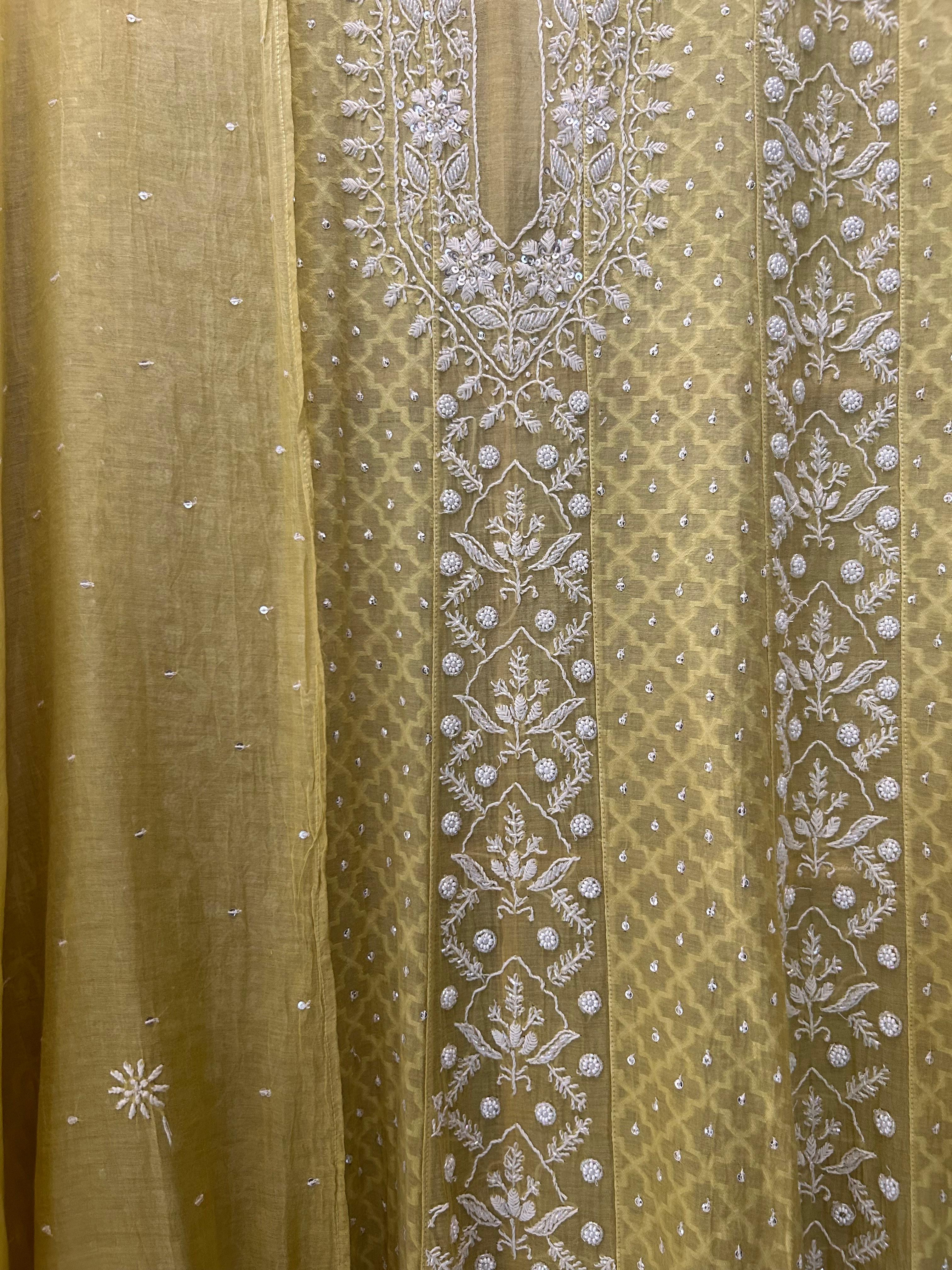 Lime green mul chanderi chikankari anarkali set