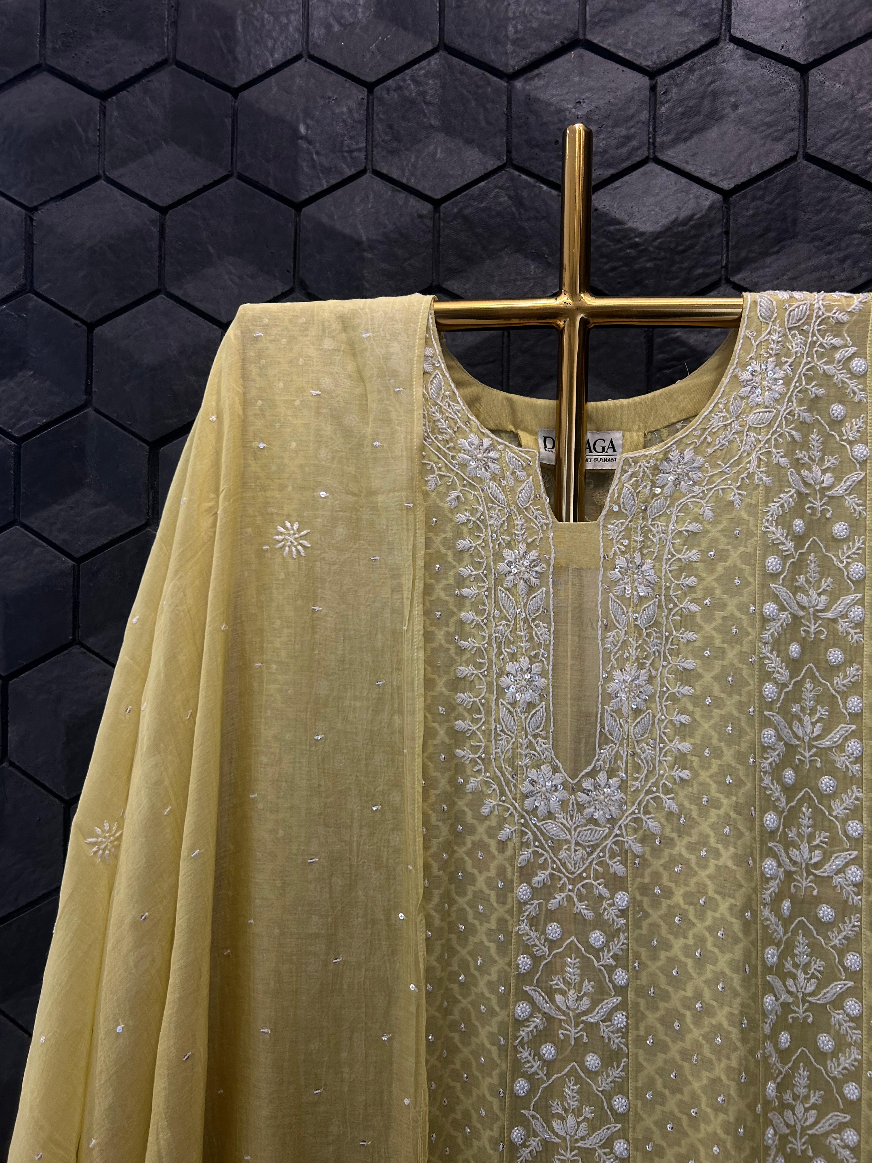 Lime green mul chanderi chikankari anarkali set