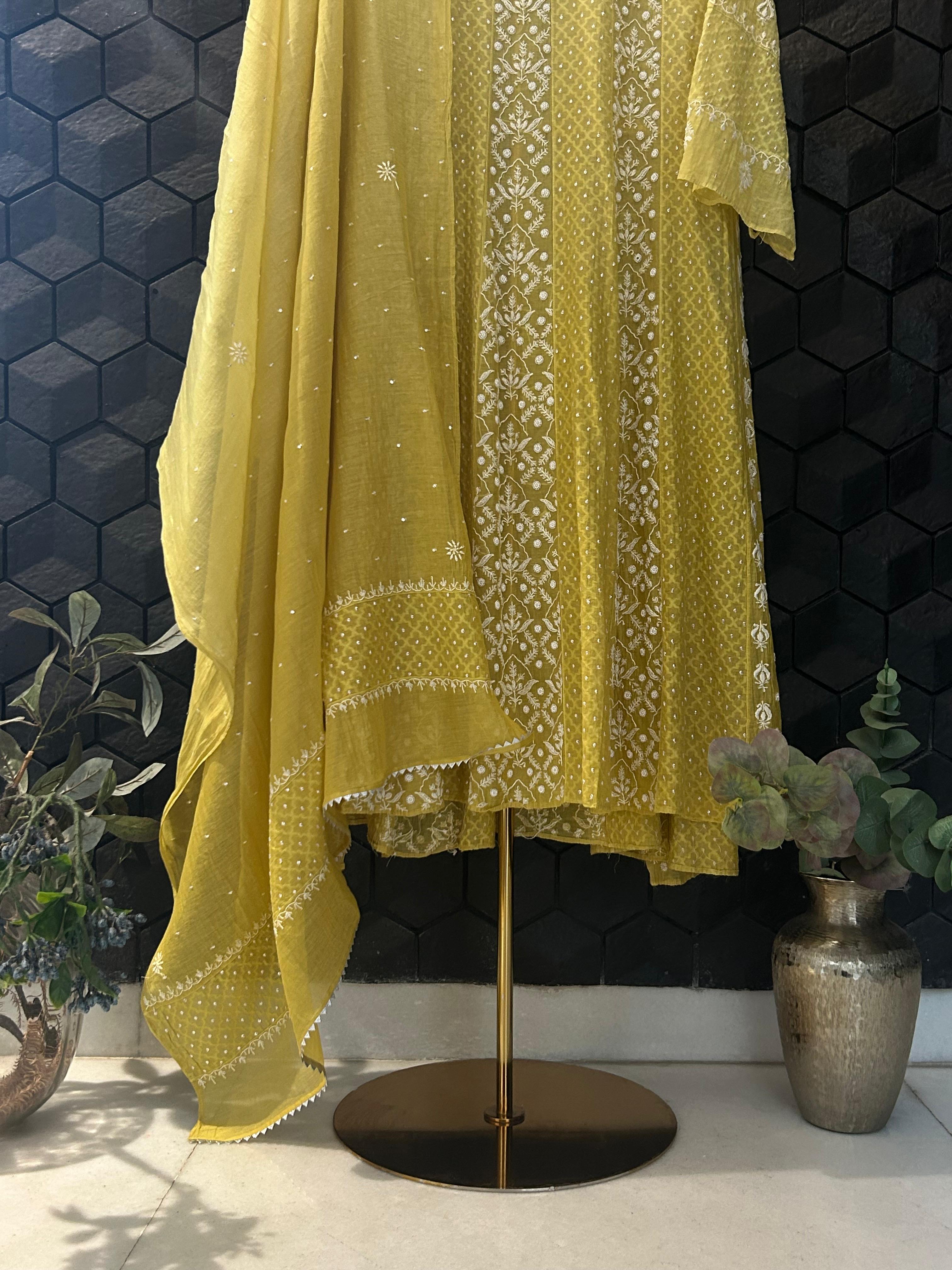 Lime green mul chanderi chikankari anarkali set