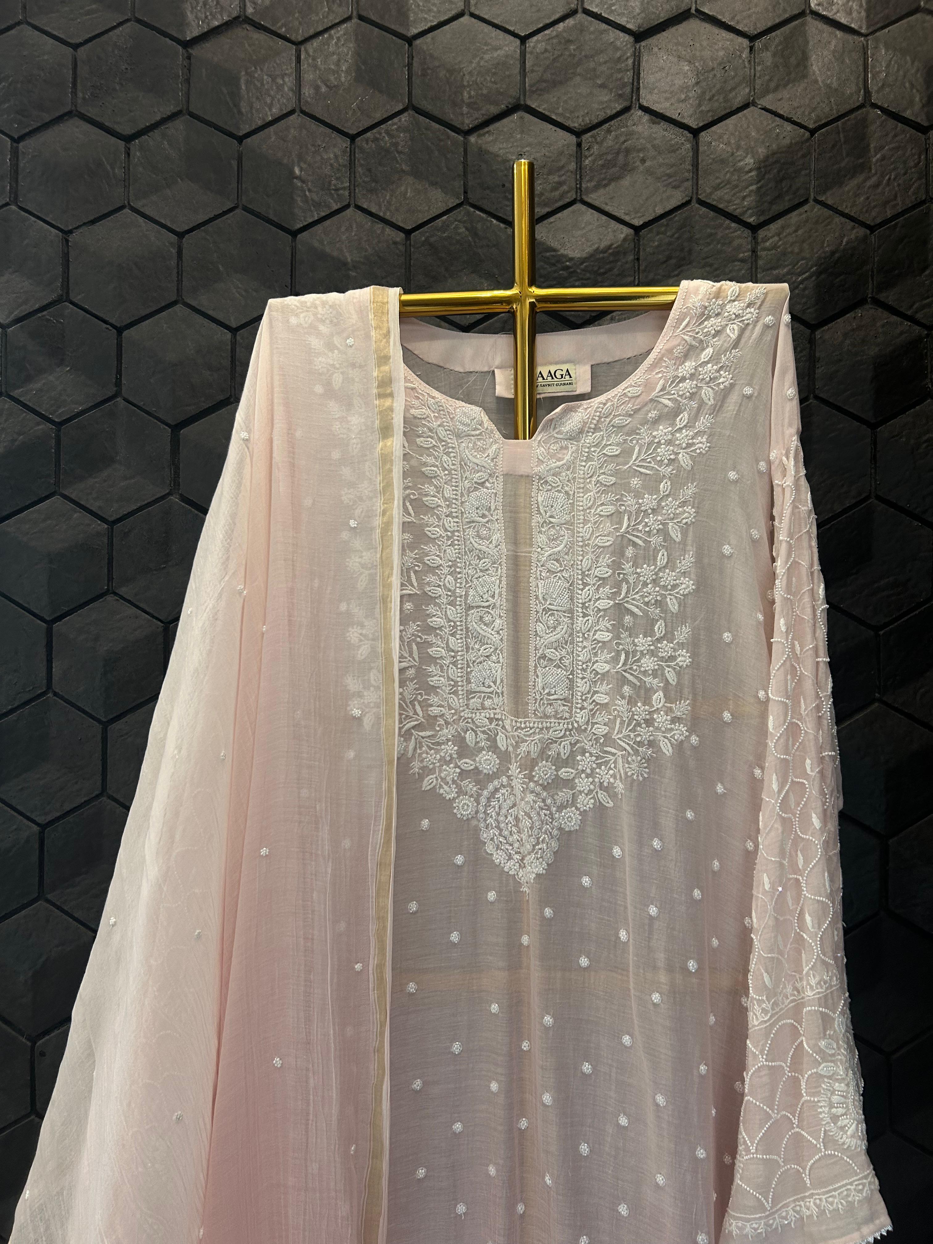 Pink mul chanderi chikankari kurta set