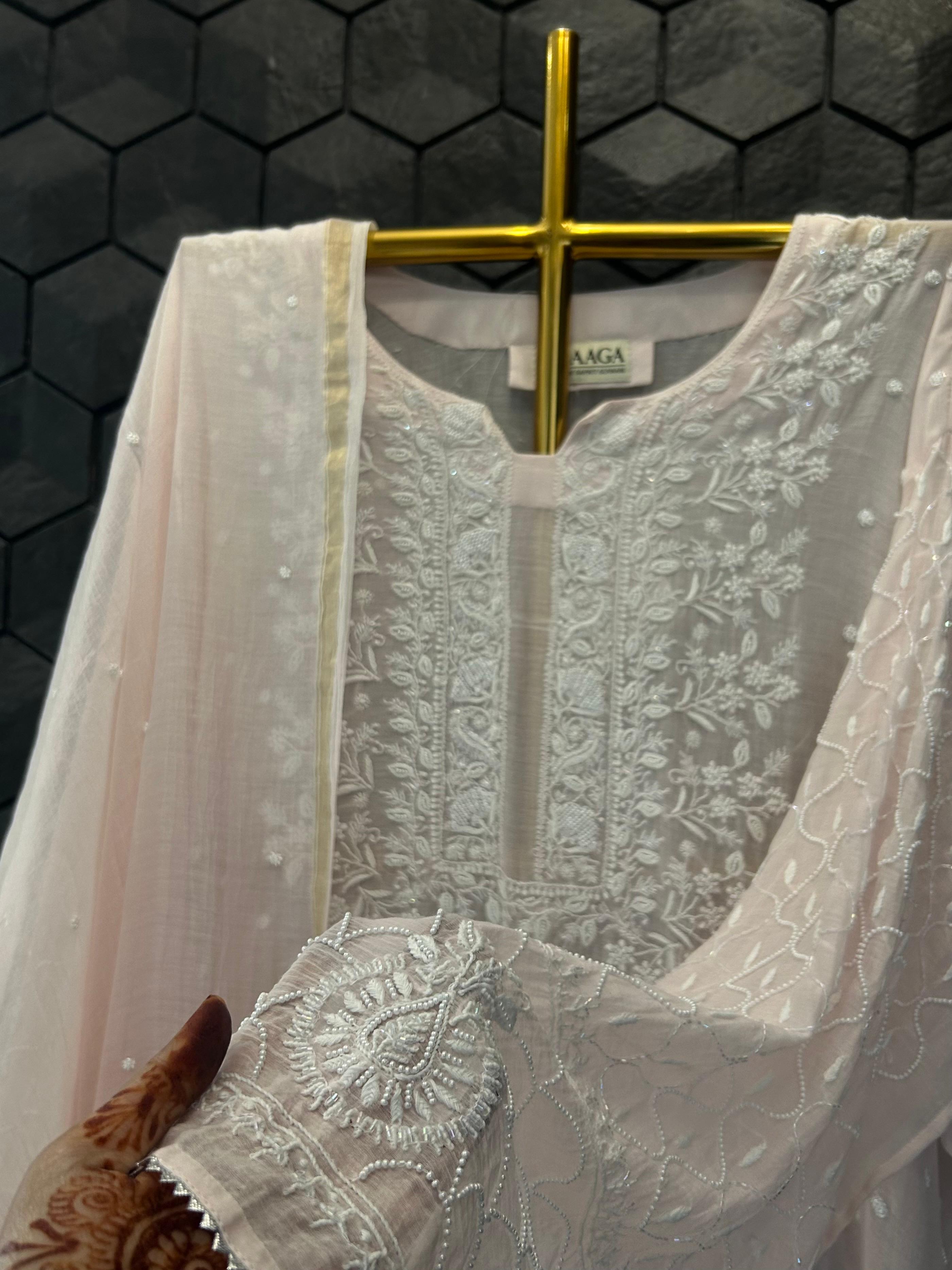 Pink mul chanderi chikankari kurta set
