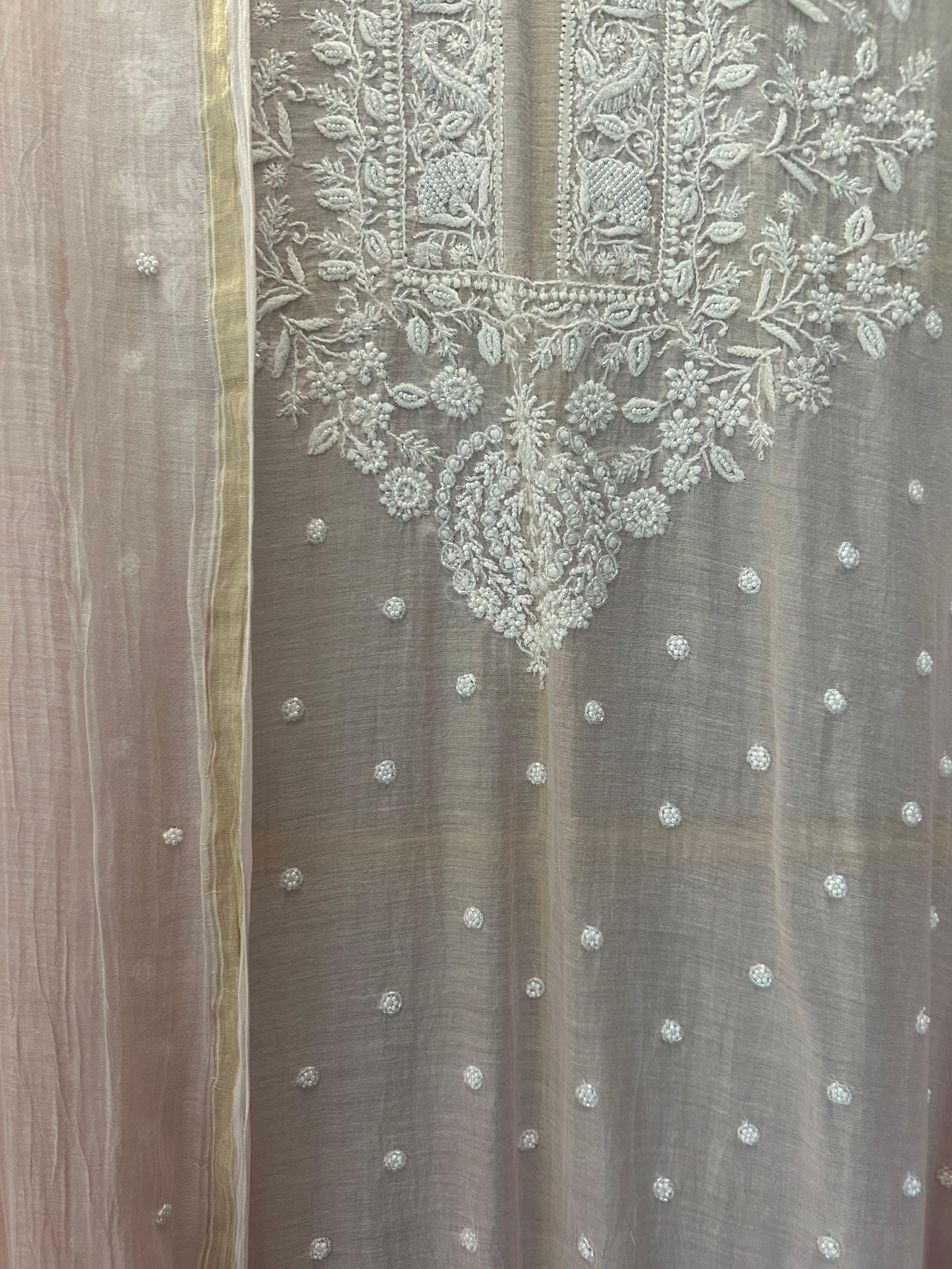 Pink mul chanderi chikankari kurta set