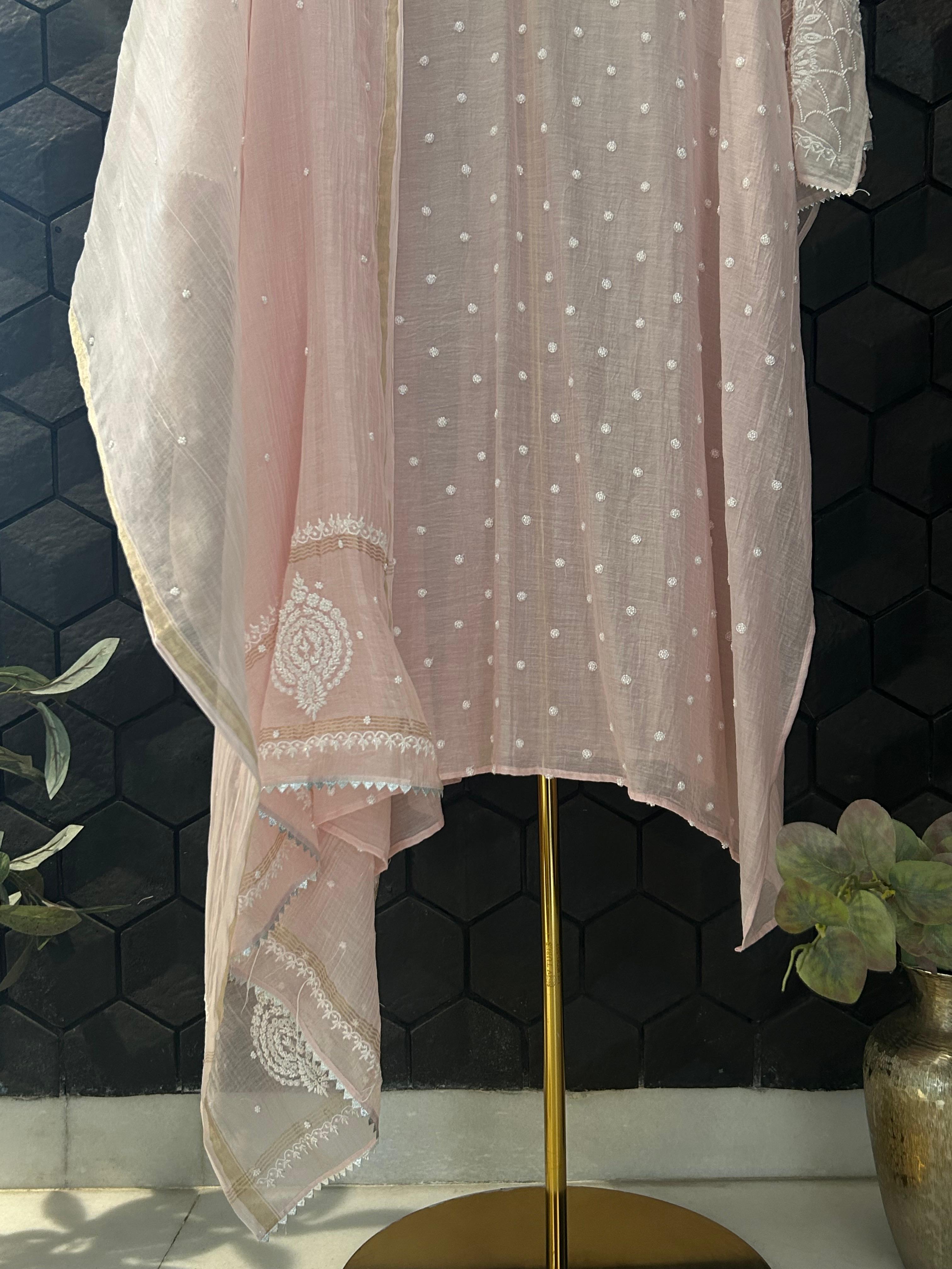 Pink mul chanderi chikankari kurta set