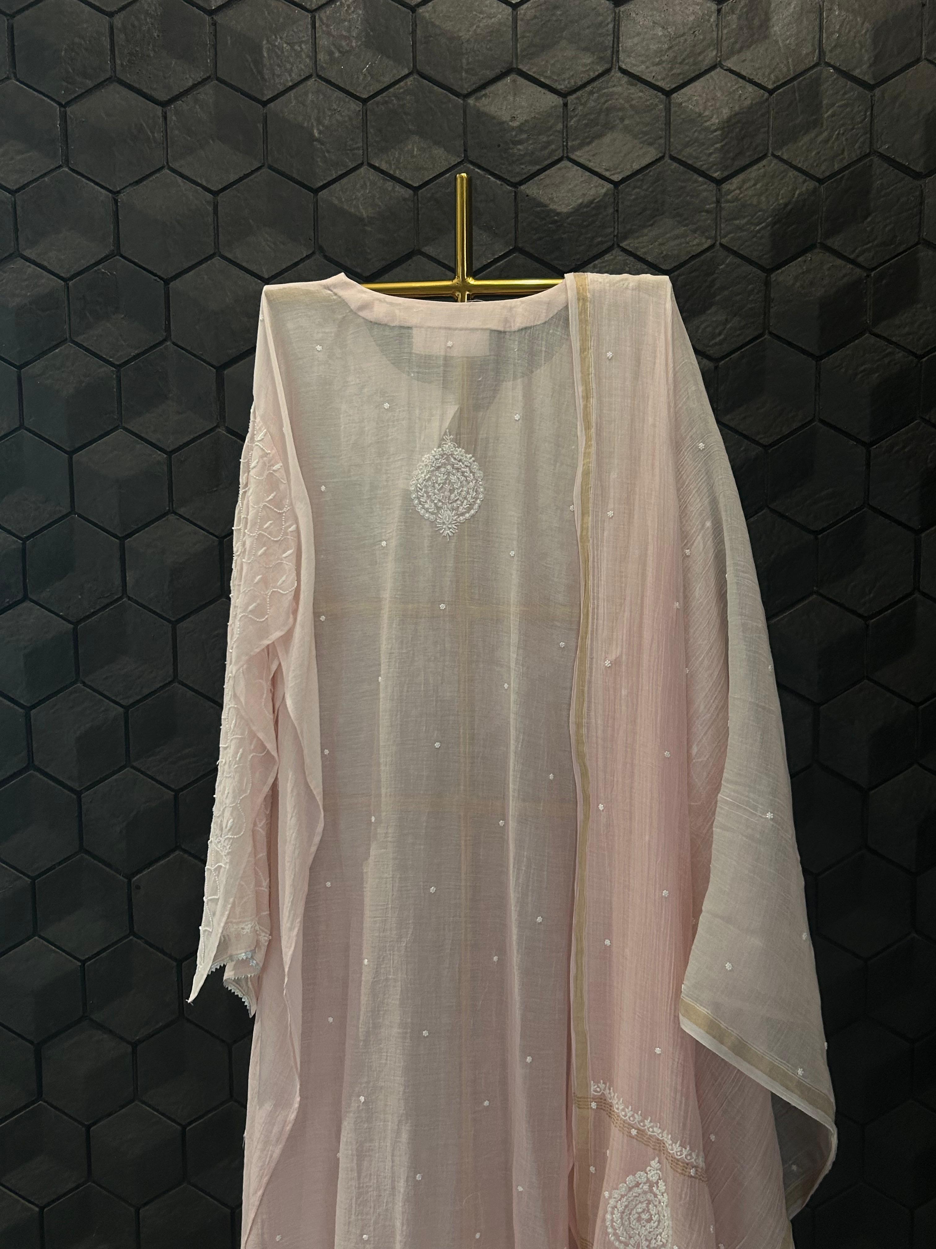 Pink mul chanderi chikankari kurta set