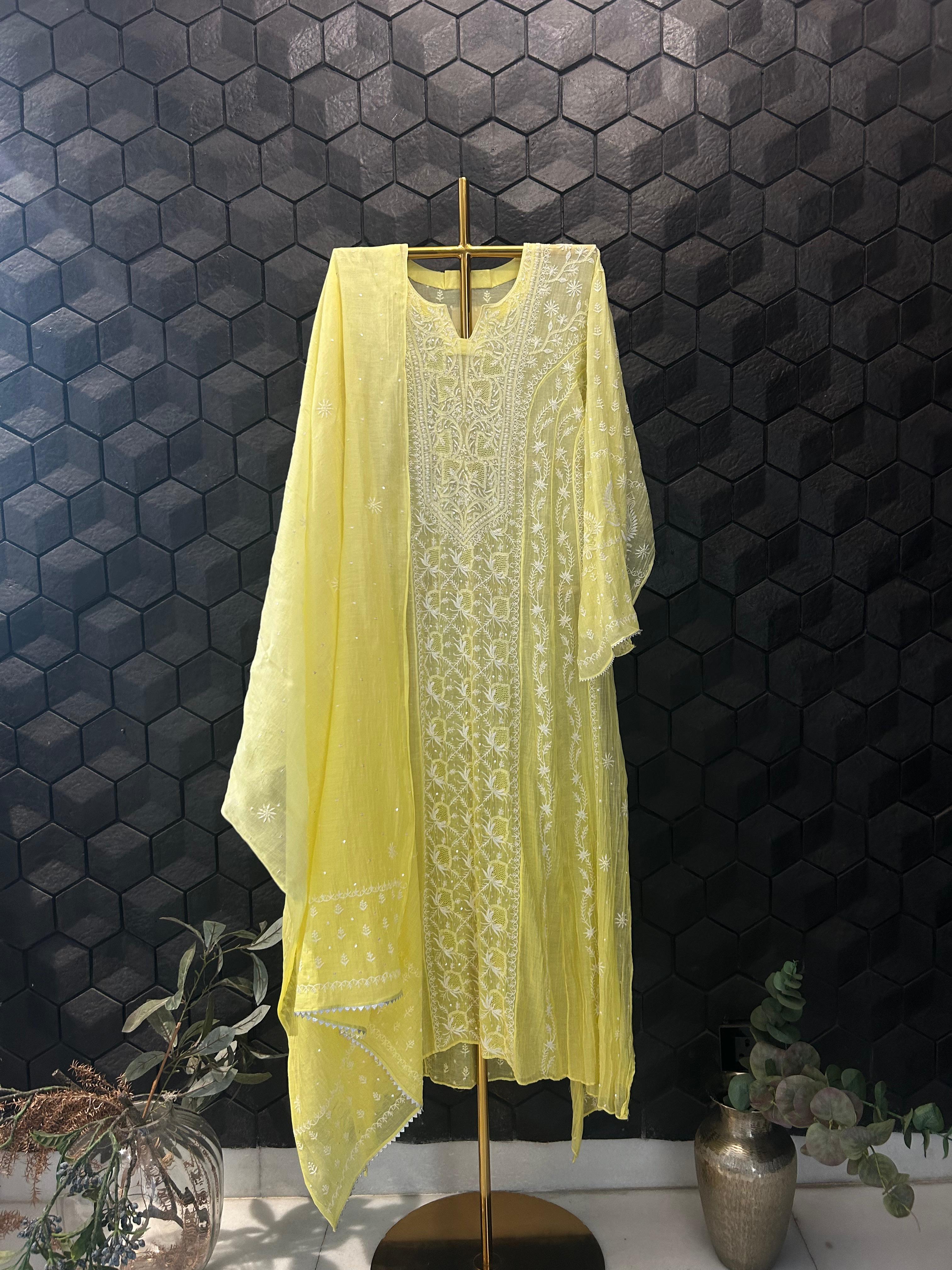 Lime green mul chanderi anarkali set