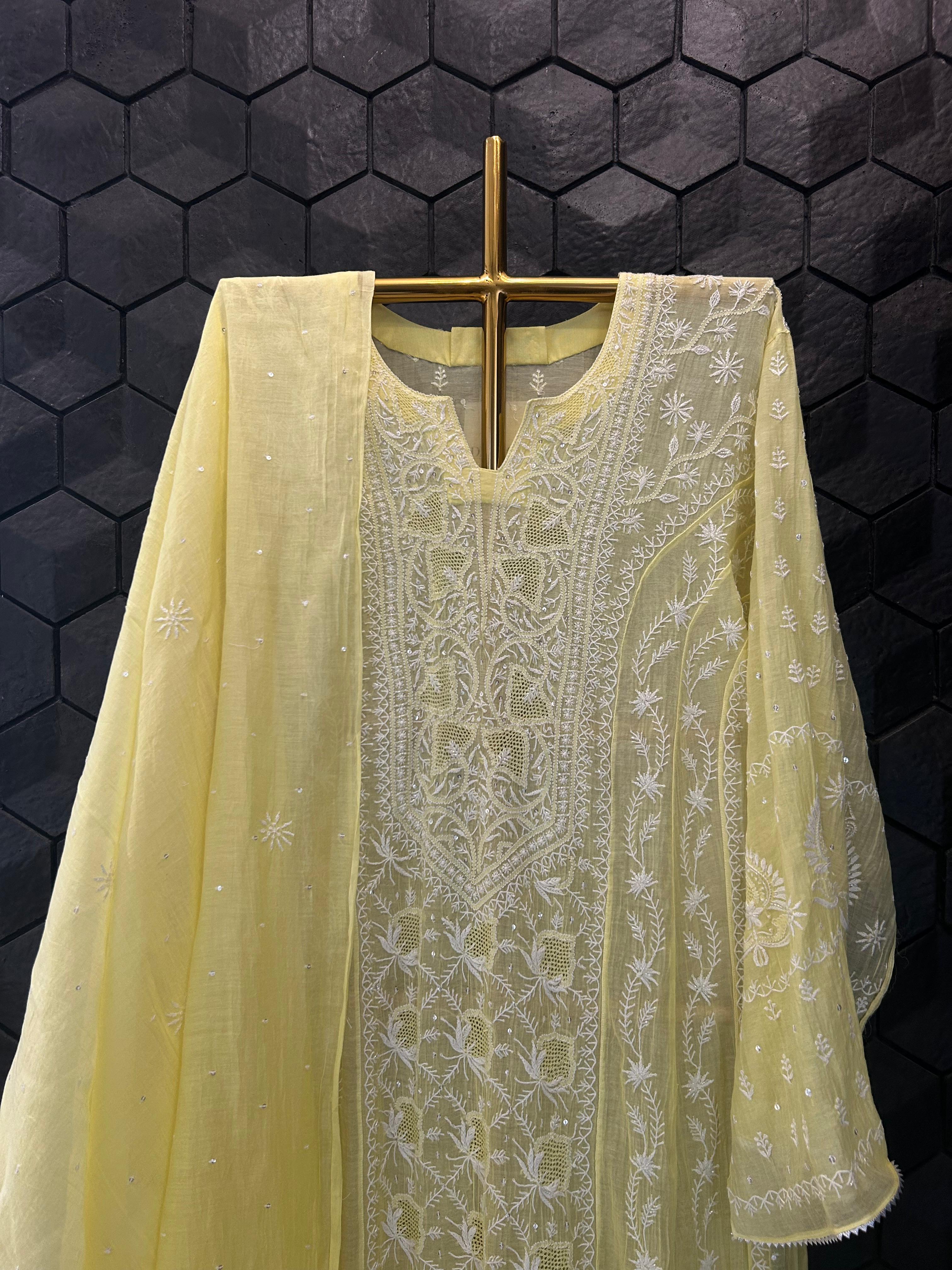 Lime green mul chanderi anarkali set