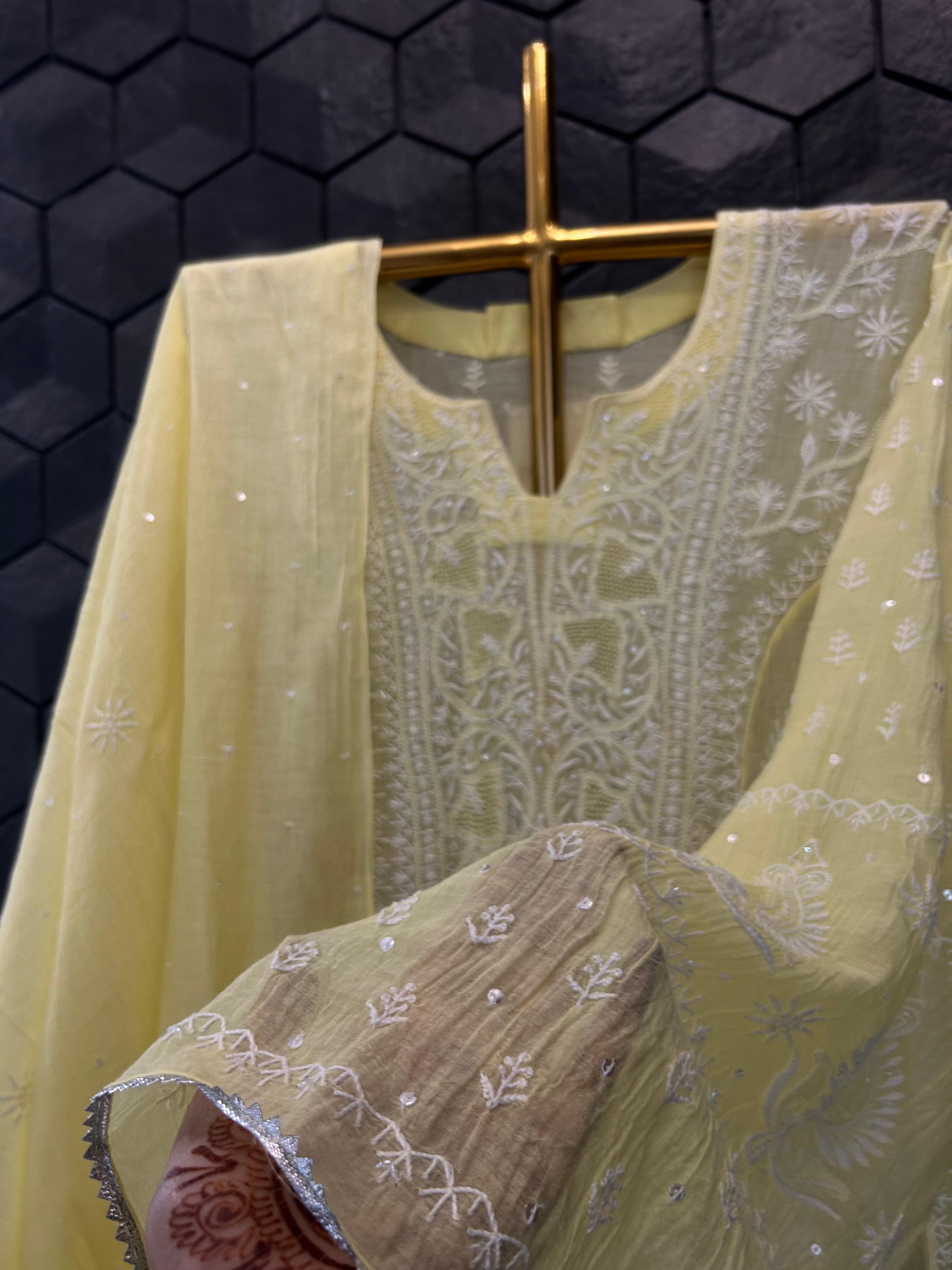 Lime green mul chanderi anarkali set