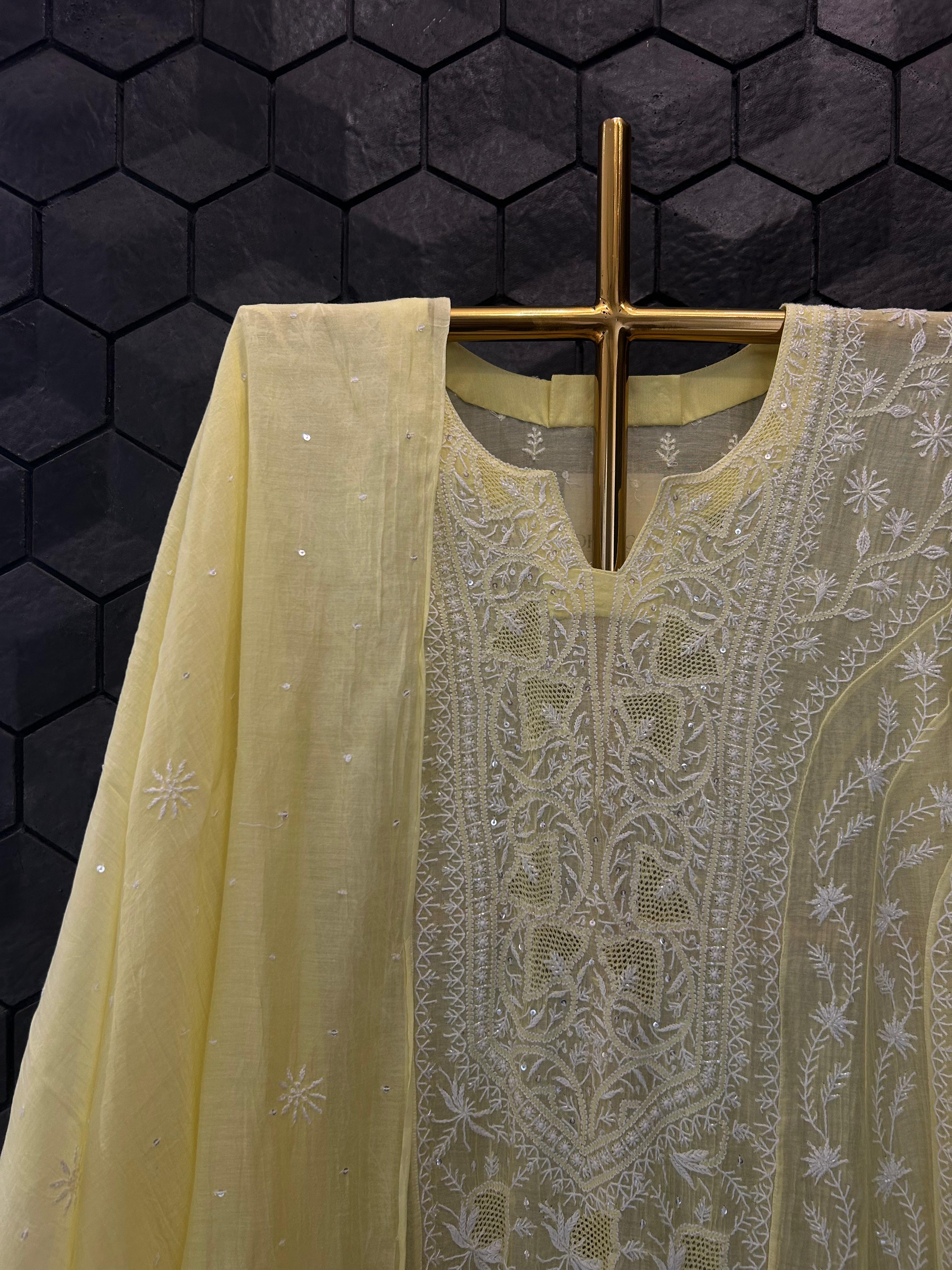 Lime green mul chanderi anarkali set