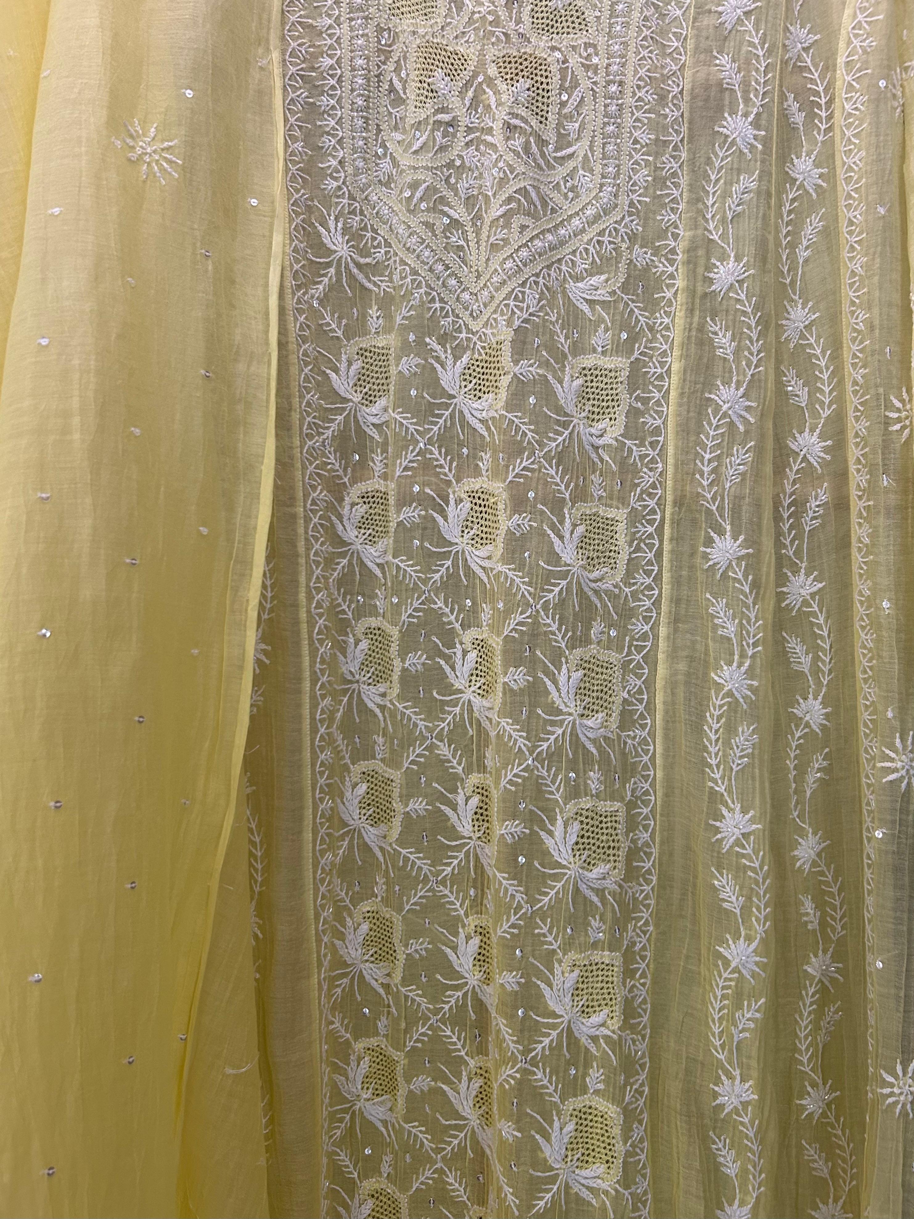 Lime green mul chanderi anarkali set