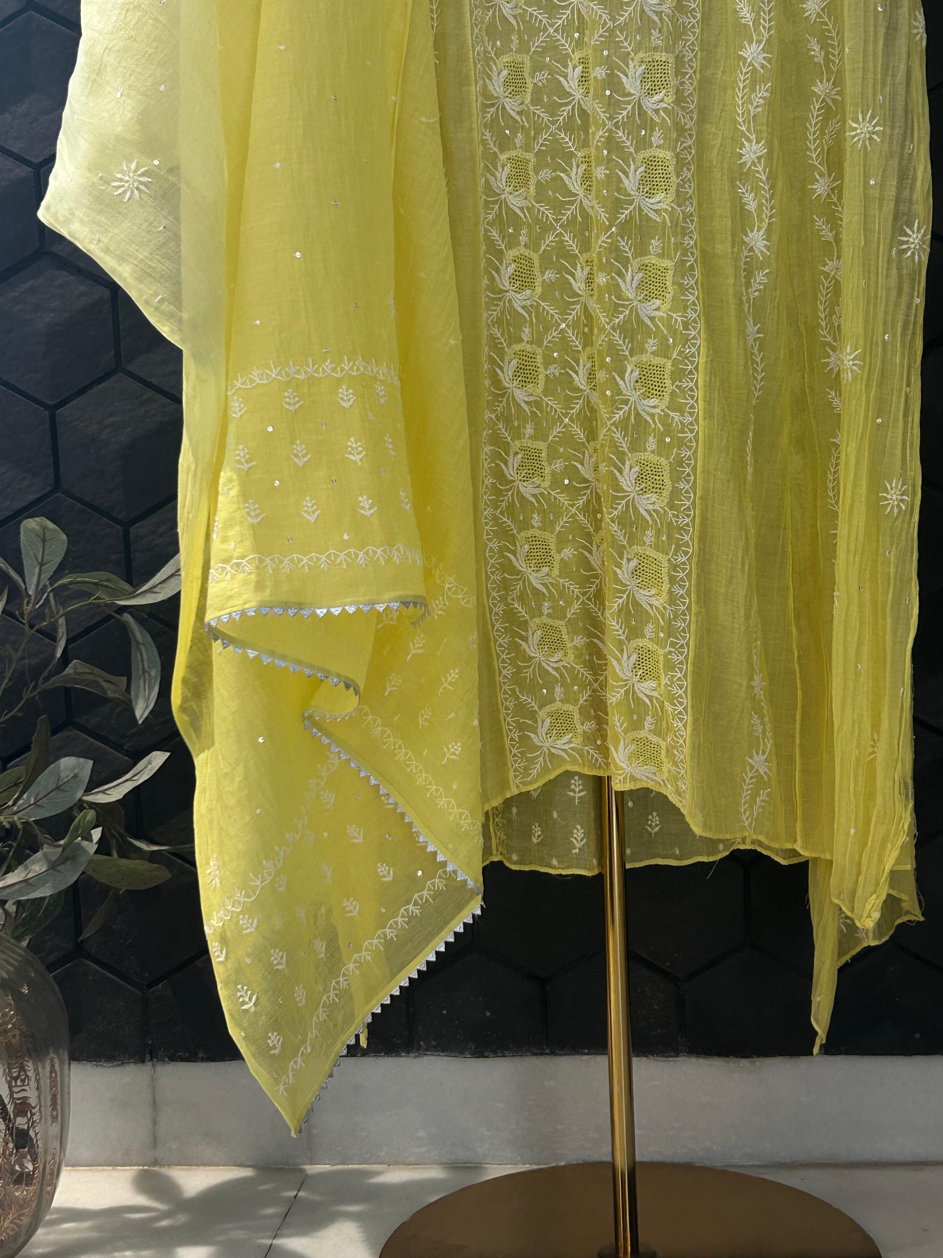 Lime green mul chanderi anarkali set