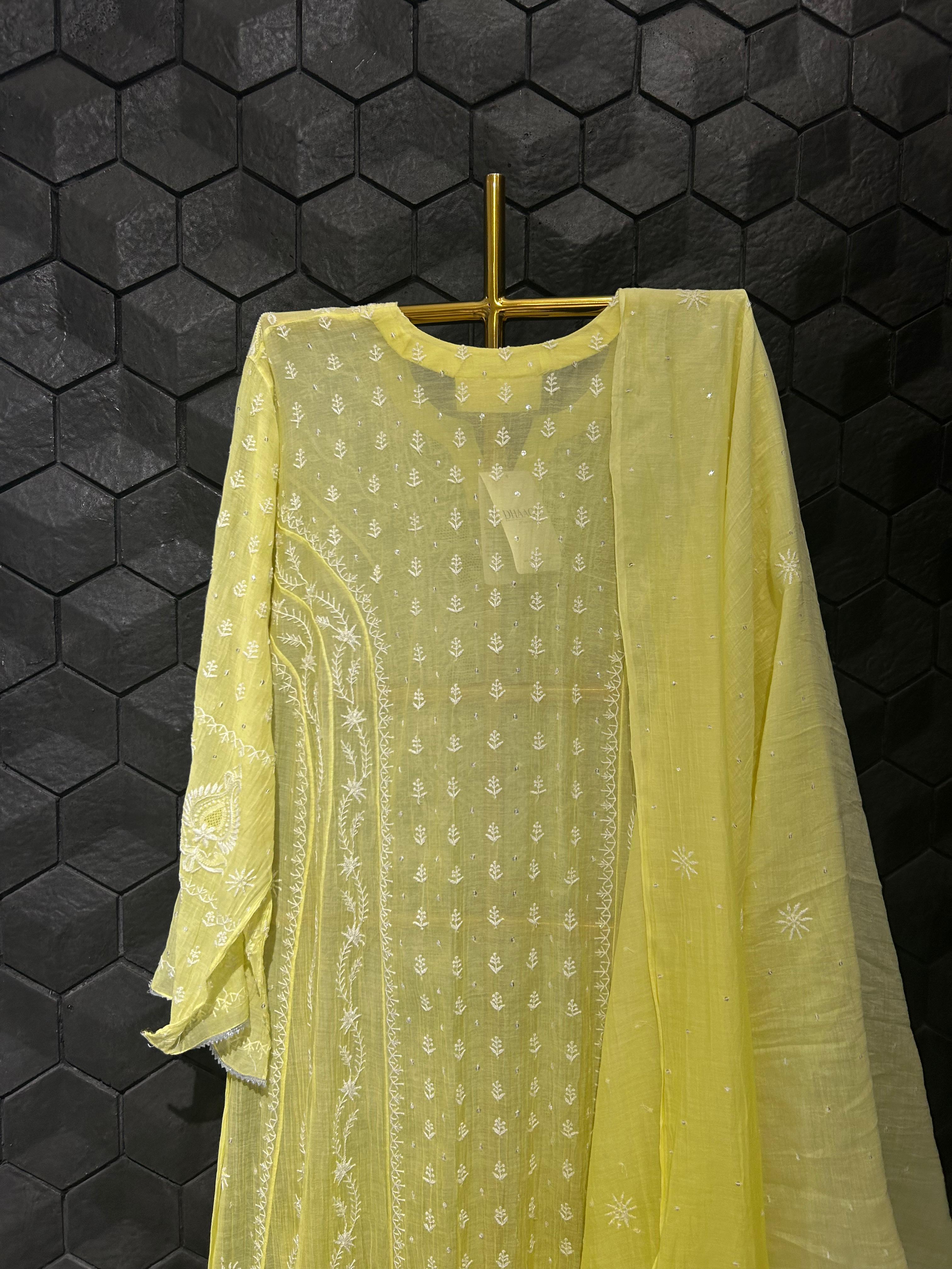 Lime green mul chanderi anarkali set