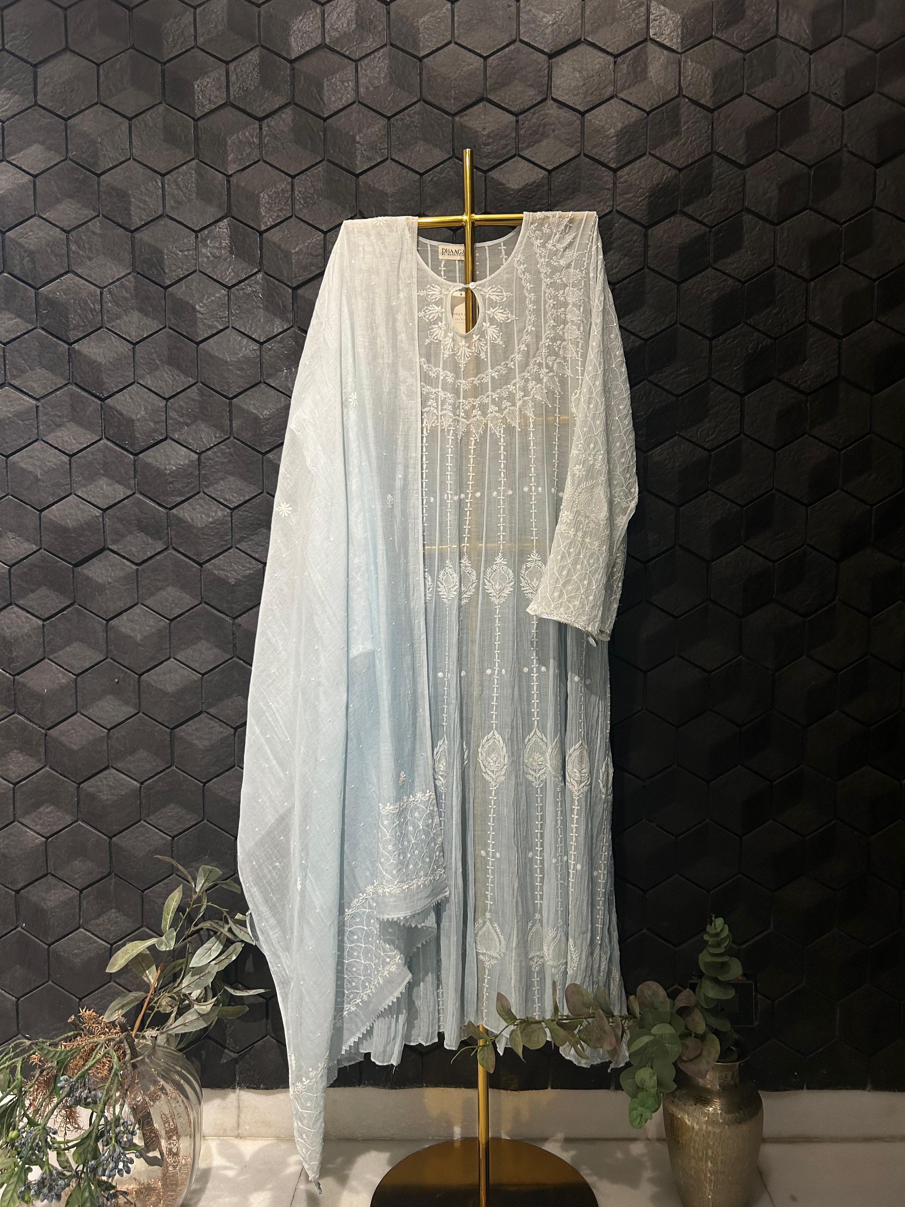 Sky blue mul chanderi chikankari kurta set