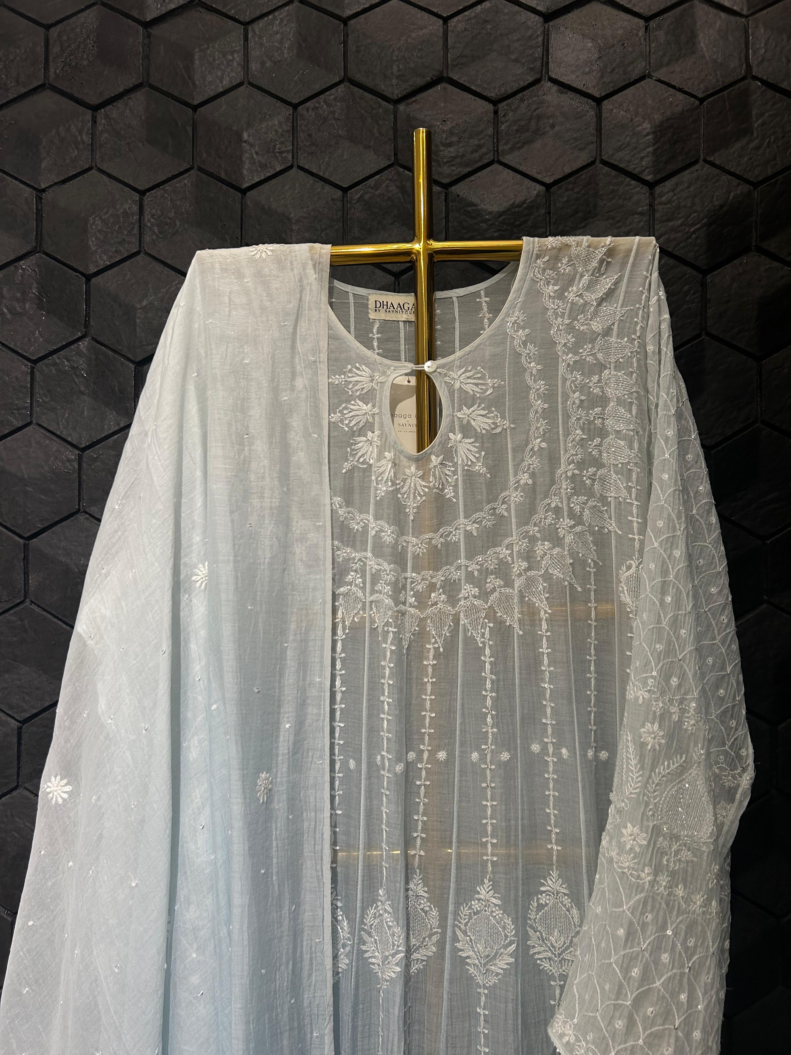 Sky blue mul chanderi chikankari kurta set