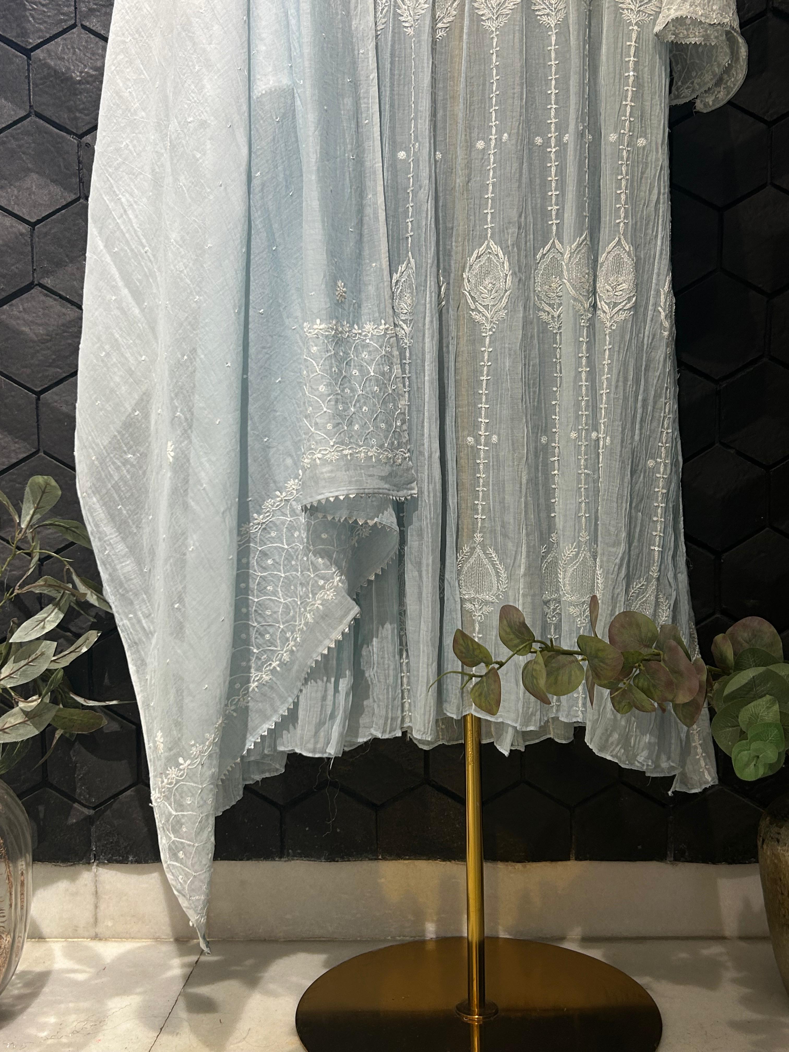 Sky blue mul chanderi chikankari kurta set