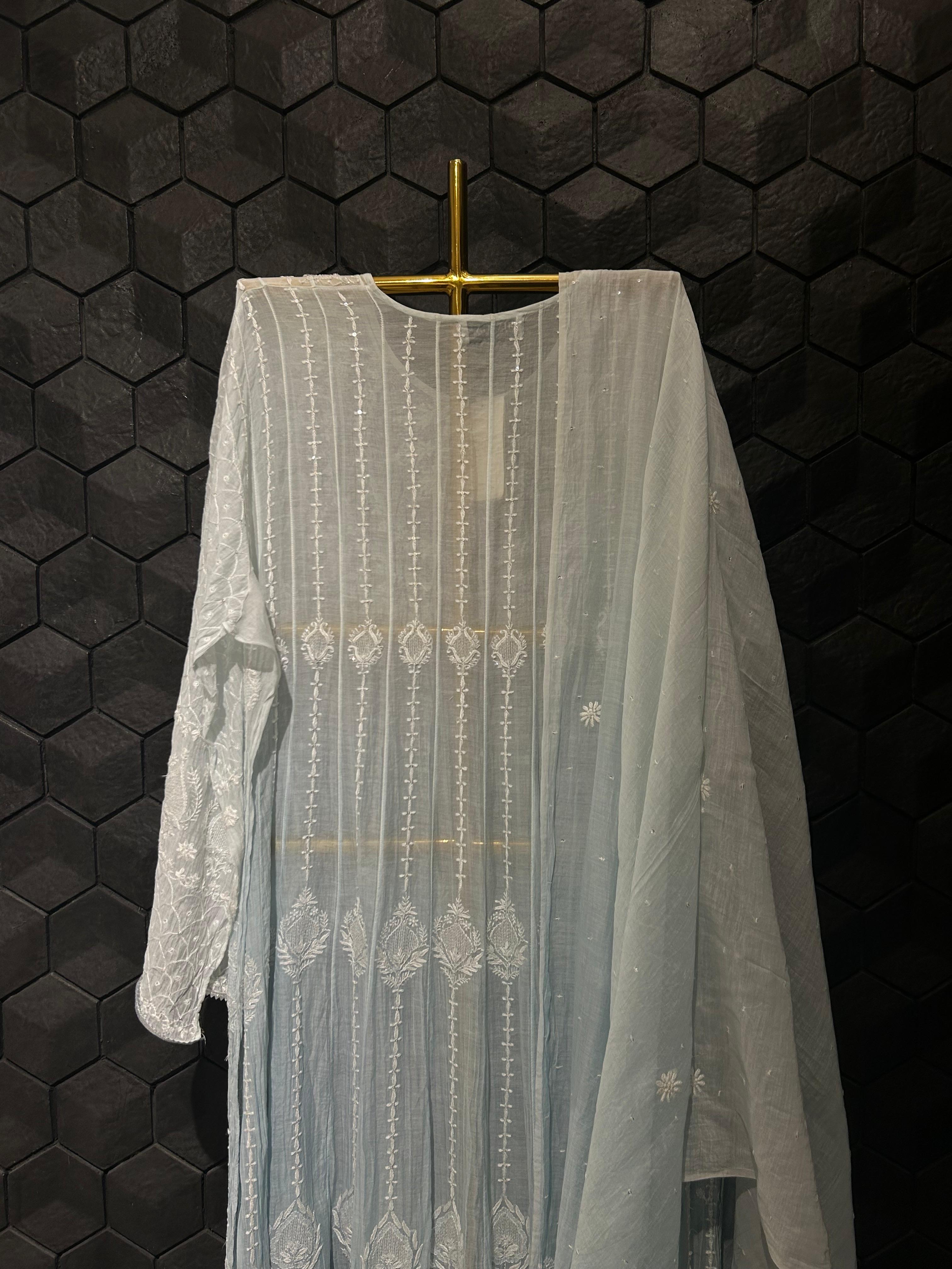 Sky blue mul chanderi chikankari kurta set