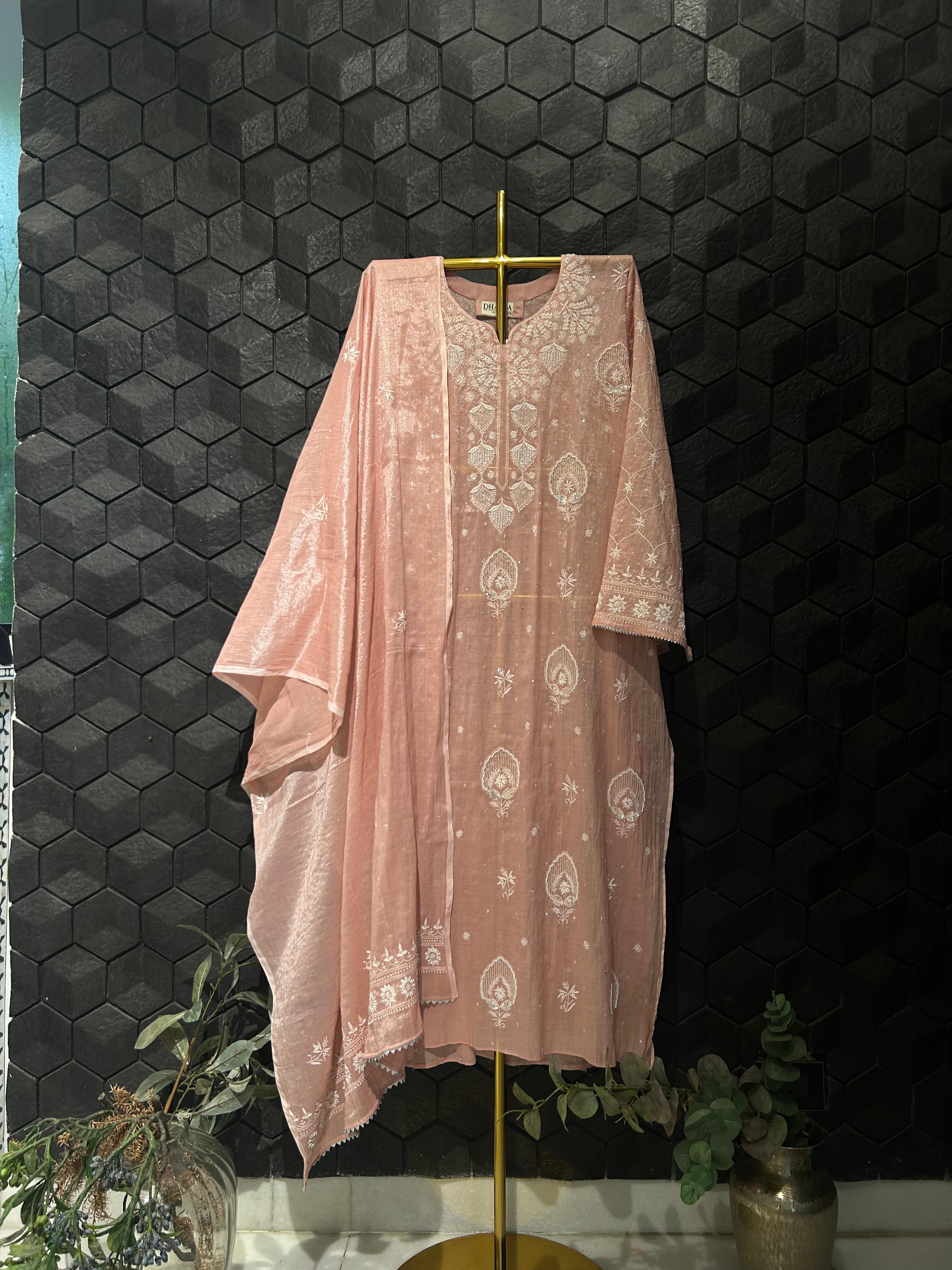 Pink silver tissue chikankari kurta set