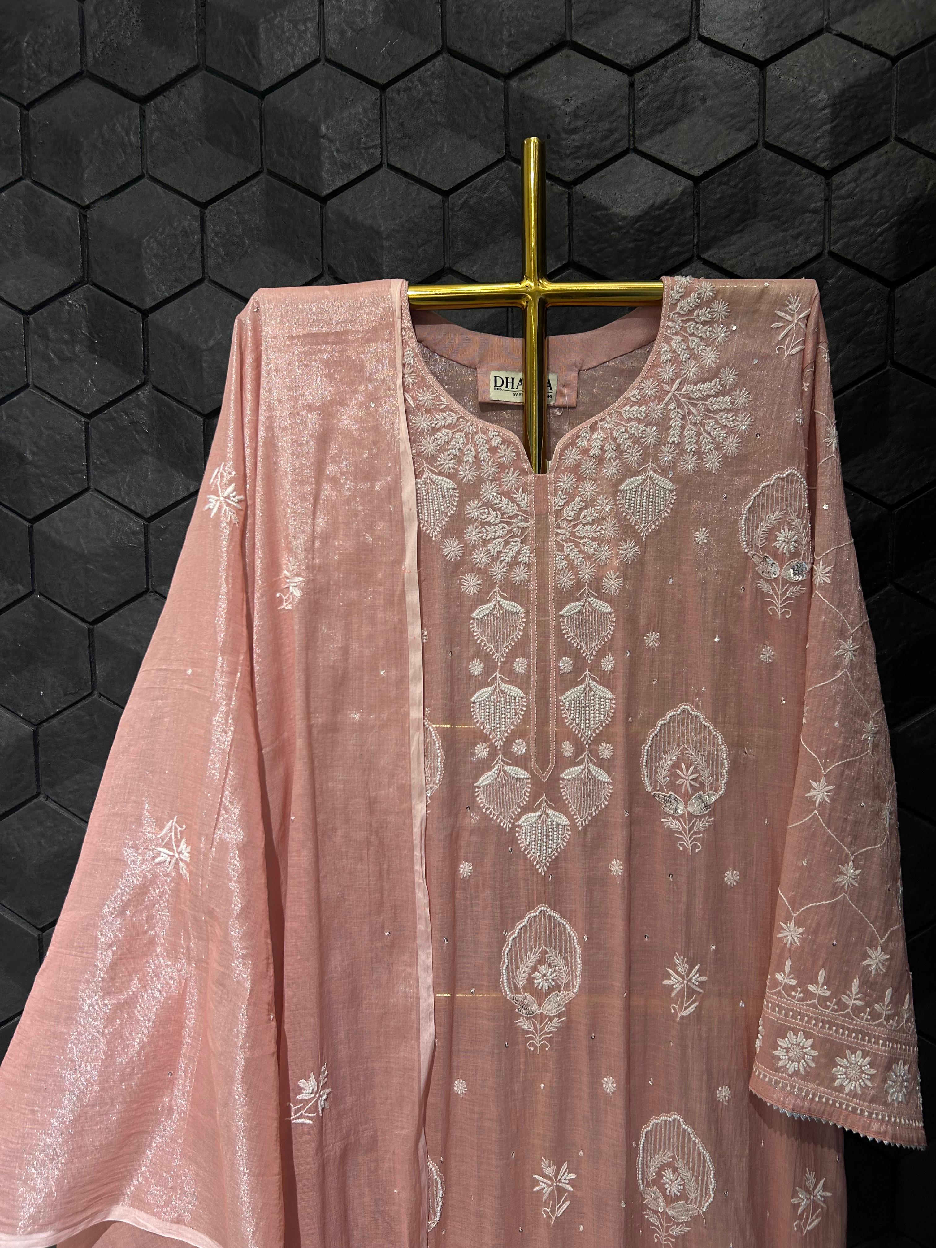 Pink silver tissue chikankari kurta set