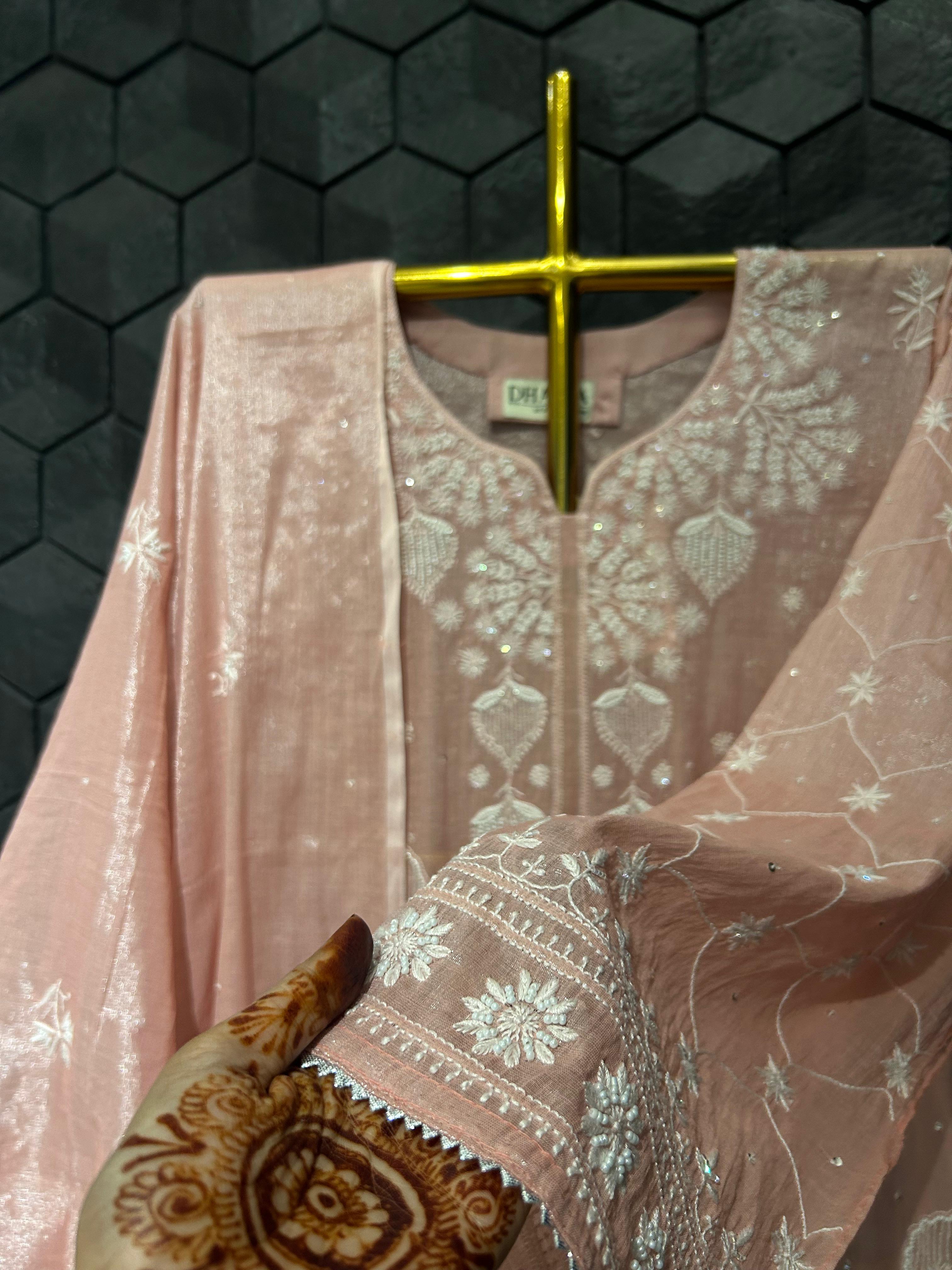 Pink silver tissue chikankari kurta set