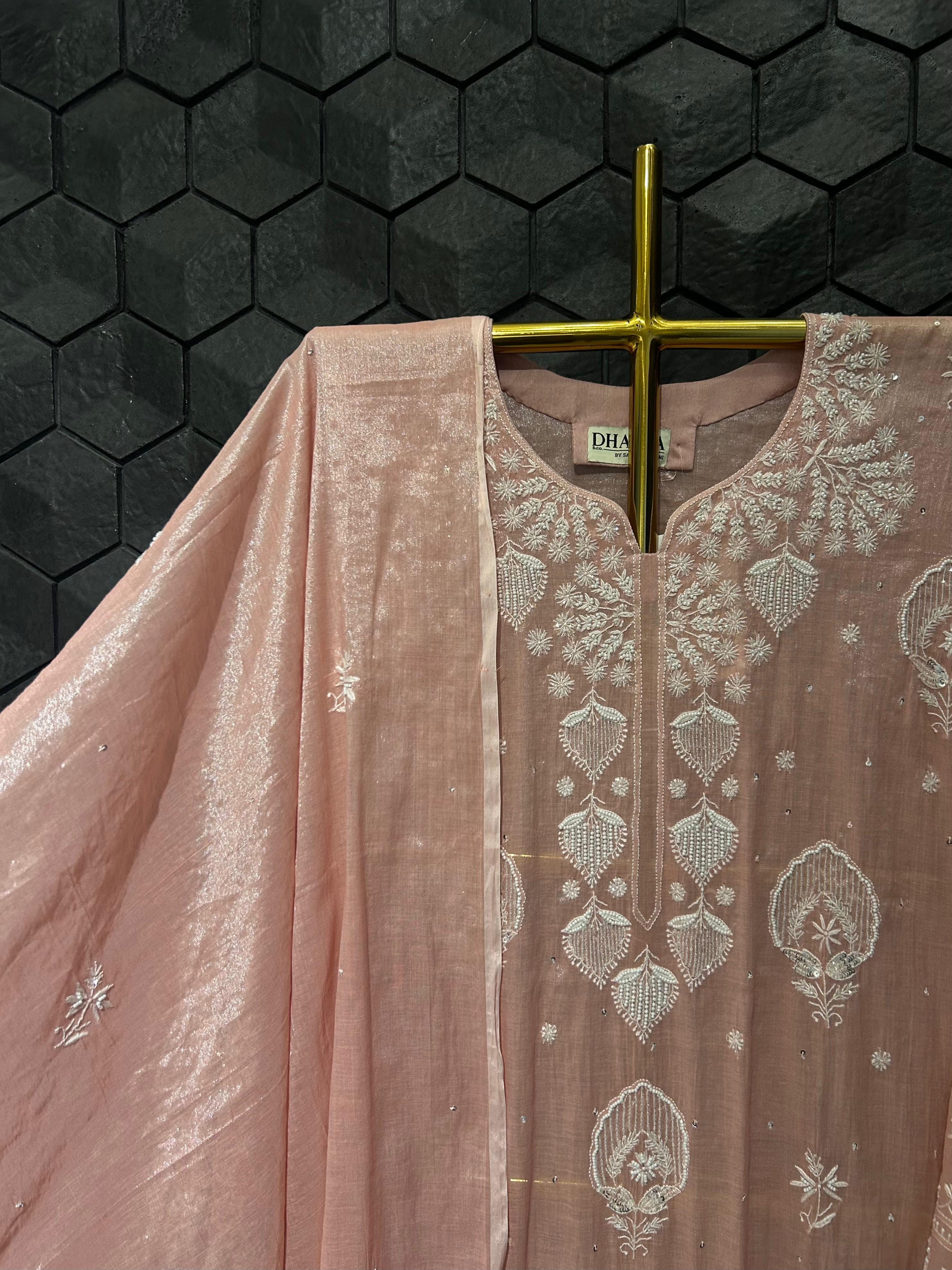 Pink silver tissue chikankari kurta set